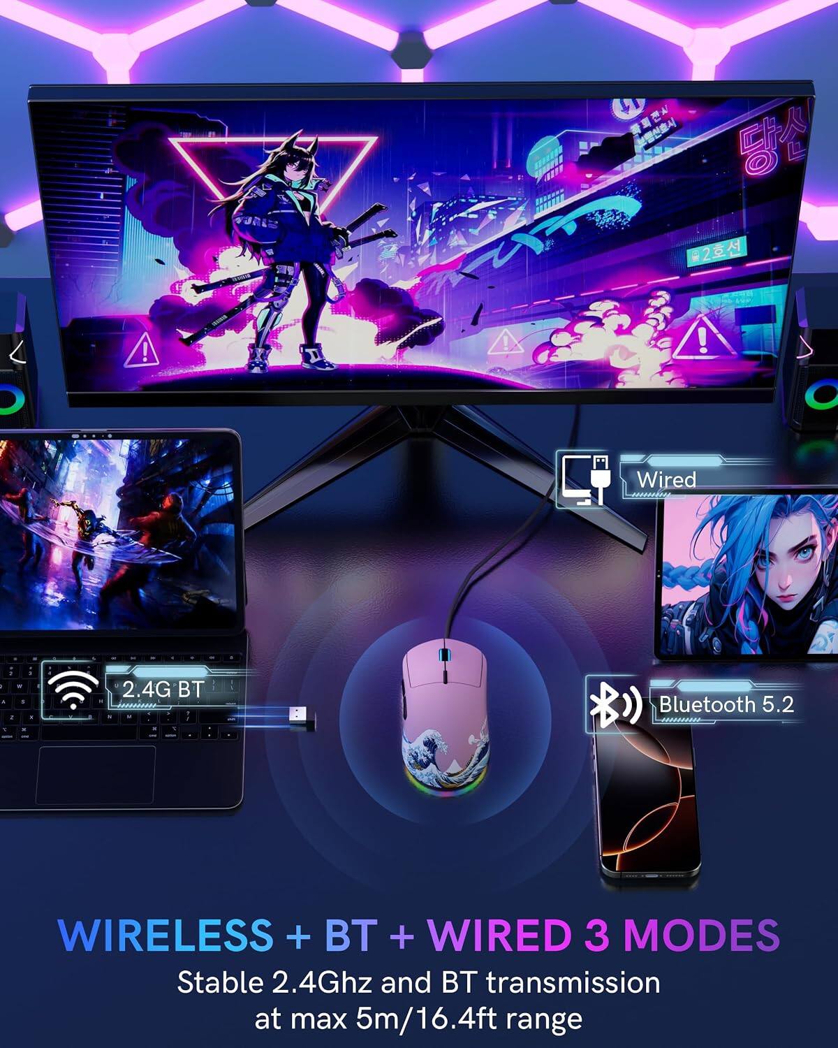 #2 O ! ! ! C Wired 202000000 - - - . - 2.4G BT Bluetooth 5.2 WIRELESS + BT + WIRED 3 MODES Stable 2.4Ghz and BT transmission at max 5m/16.4ft range