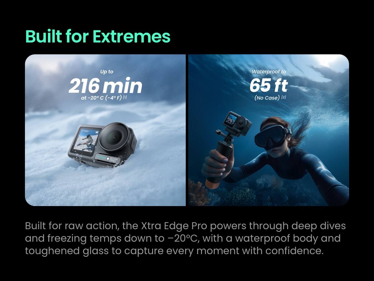 Built for Extremes  
Up to 216 min at -20°C (-4°F)  
Waterproof to 65 ft (No Case)  

Built for raw action, the Xtra Edge Pro powers through deep dives and freezing temps down to -20°C, with a waterproof body and toughened glass to capture every moment with confidence.
