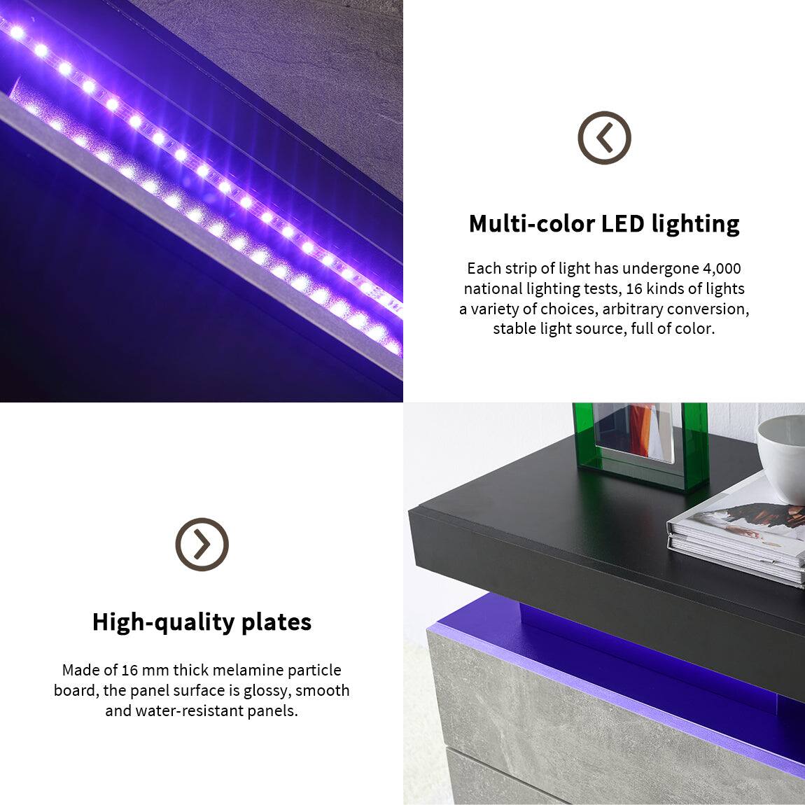 Multi-color LED lighting  
Each strip of light has undergone 4,000 national lighting tests, 16 kinds of lights, a variety of choices, arbitrary conversion, stable light source, full of color.

High-quality plates  
Made of 16 mm thick melamine particle board, the panel surface is glossy, smooth and water-resistant panels.