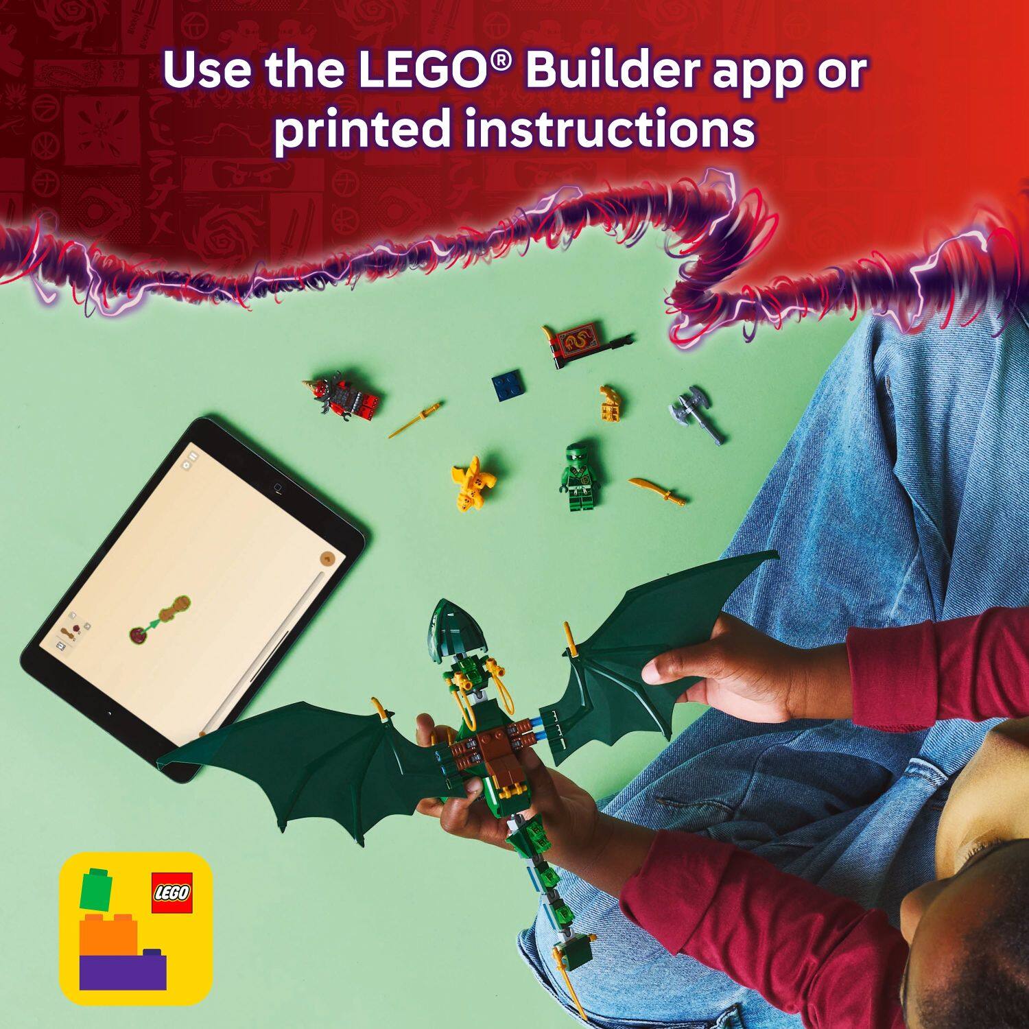 Use the LEGO Builder app or printed instructions to build a dragon.