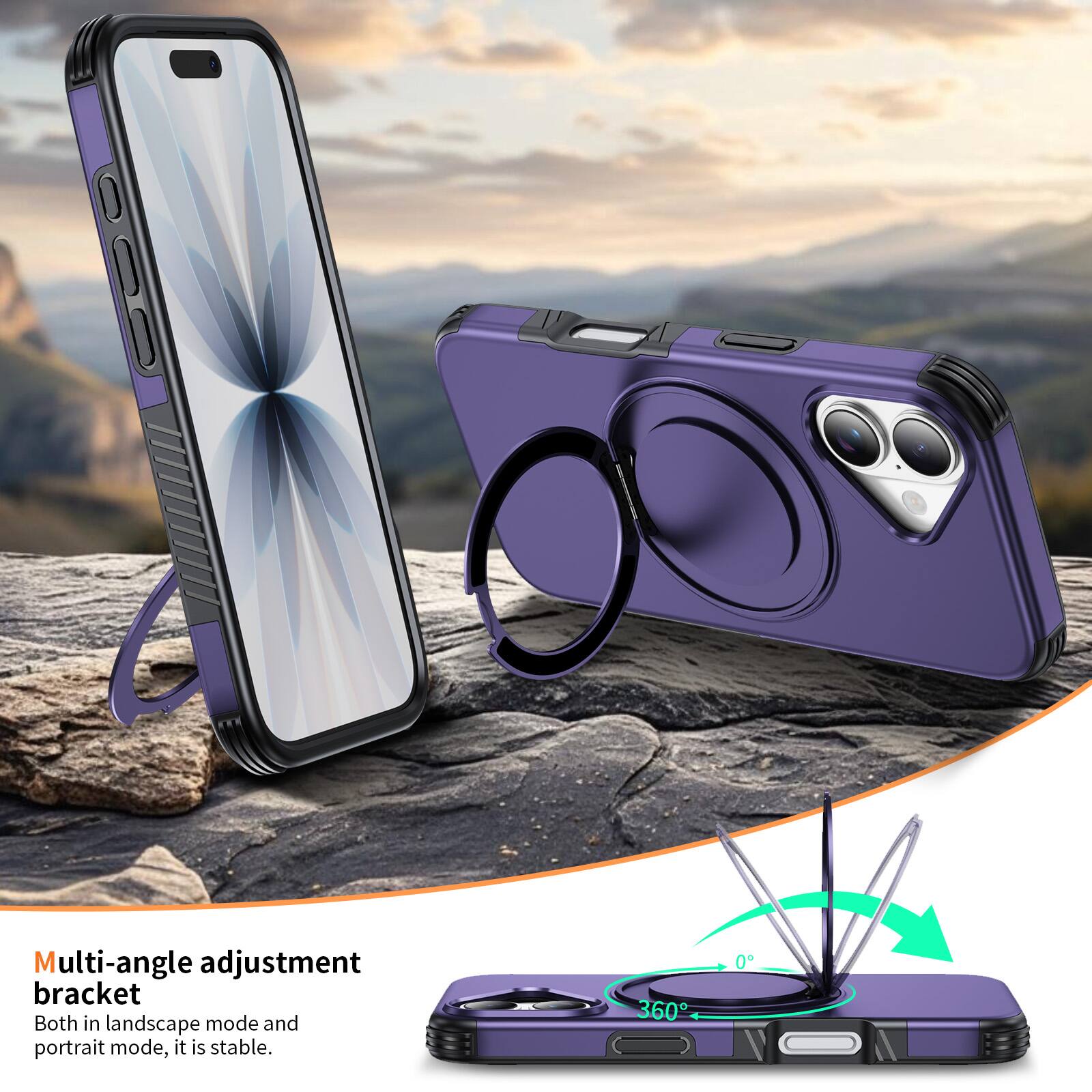 Multi-angle adjustment bracket  
Both in landscape mode and portrait mode, it is stable.  
360°