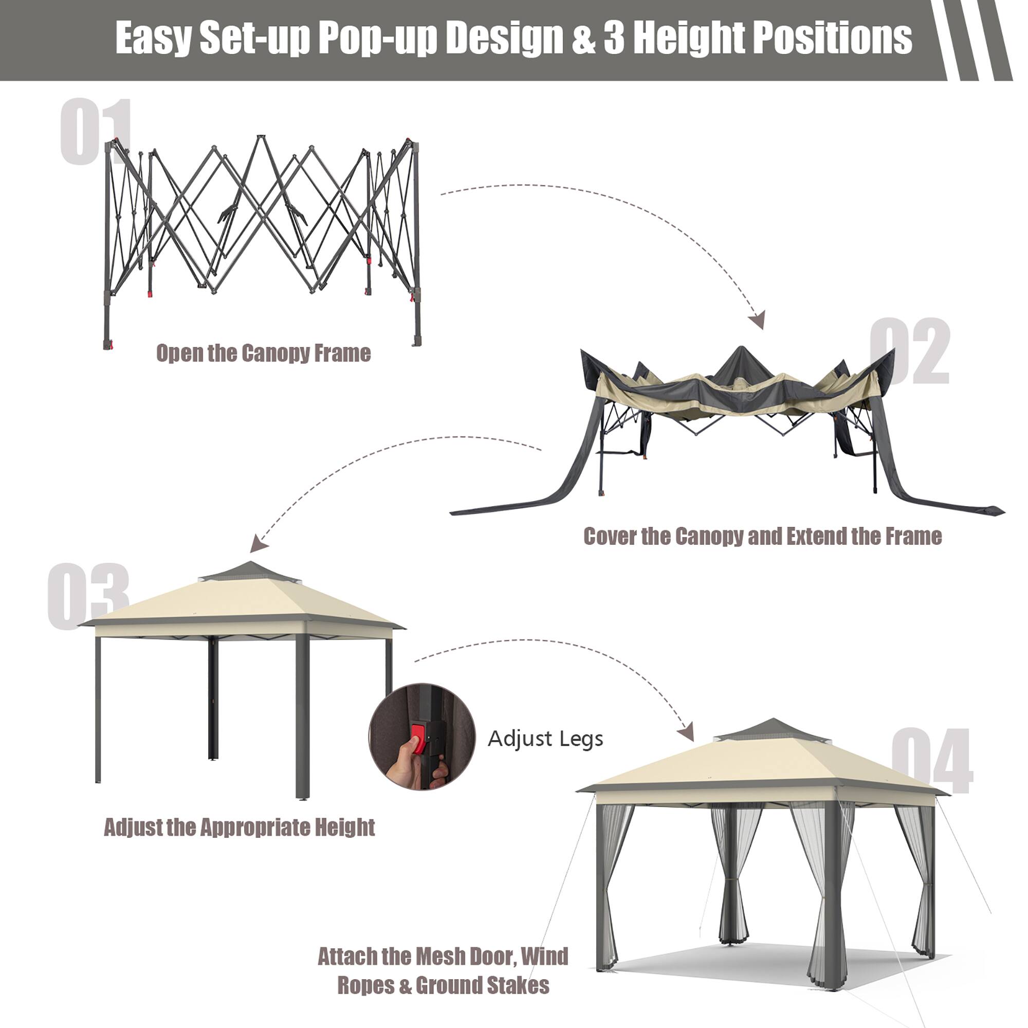 Easy Set-up Pop-up Design & 3 Height Positions

01 Open the Canopy Frame

02 Cover the Canopy and Extend the Frame

03 Adjust the Appropriate Height

04 Attach the Mesh Door, Wind Ropes & Ground Stakes