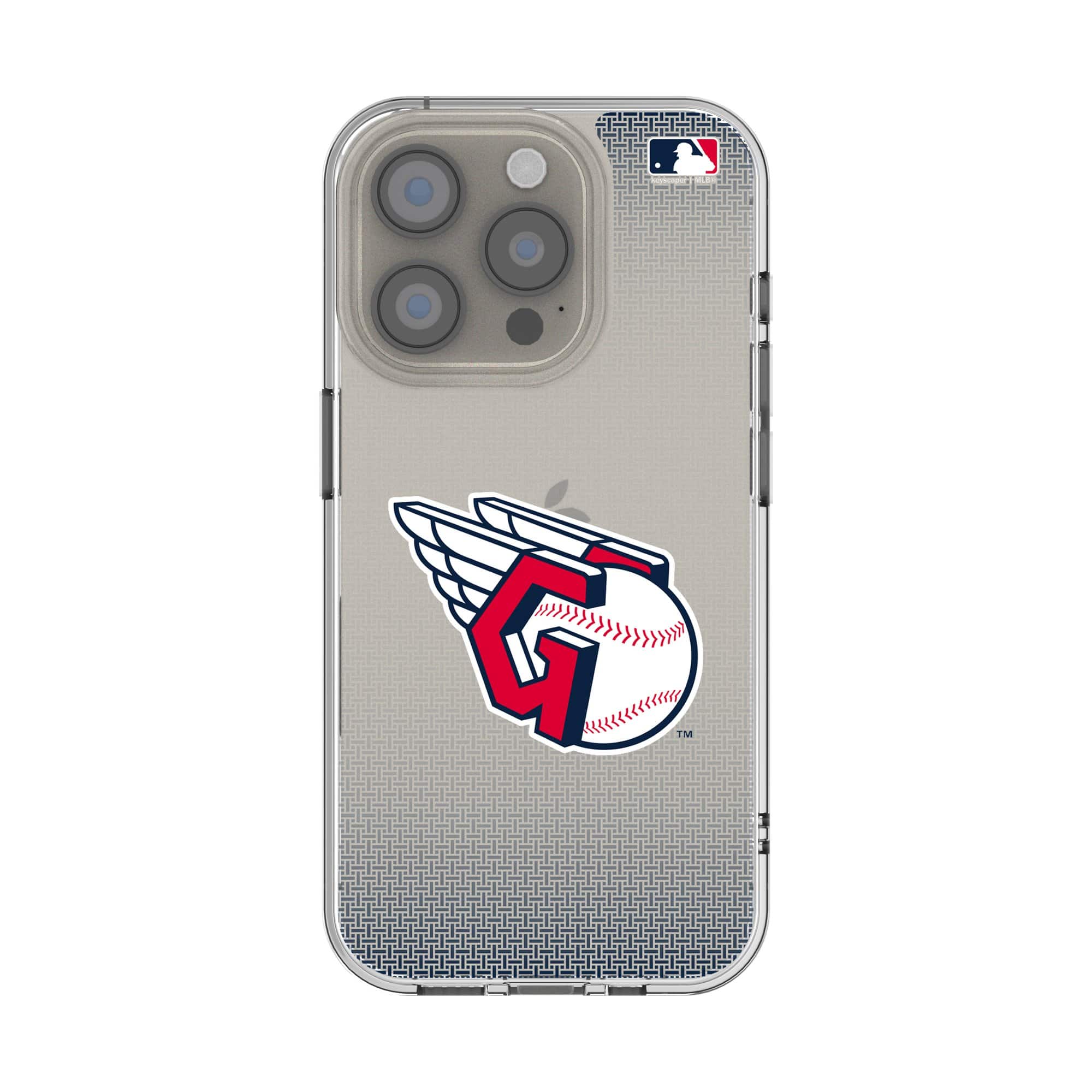Front. Keyscaper - Cleveland Guardians Linen Logo iPhone Clear Case - 13 mini - Multicolor.