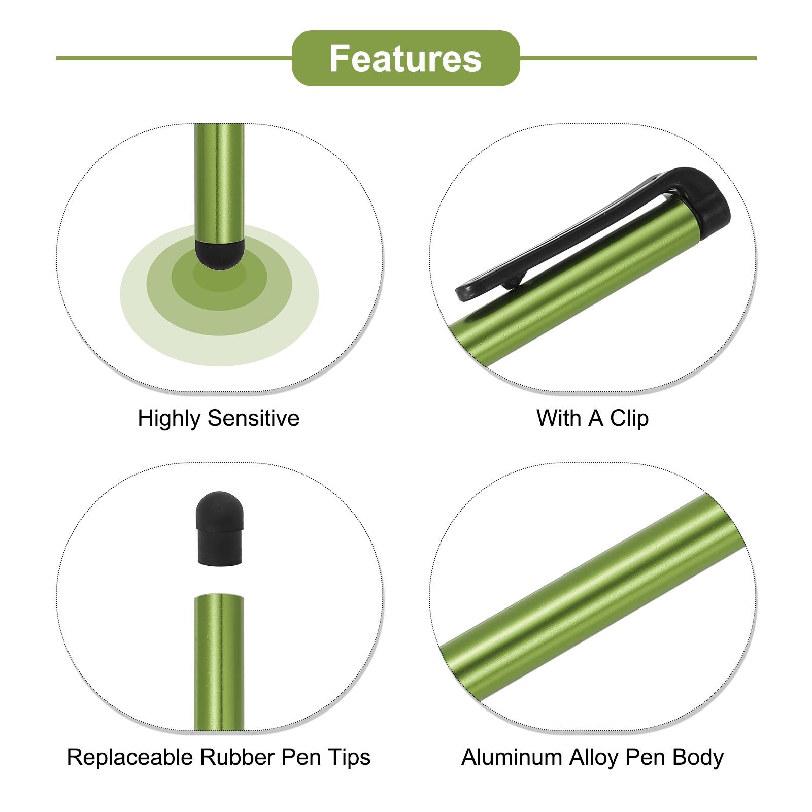 Features  
- Highly Sensitive  
- With A Clip  
- Replaceable Rubber Pen Tips  
- Aluminum Alloy Pen Body