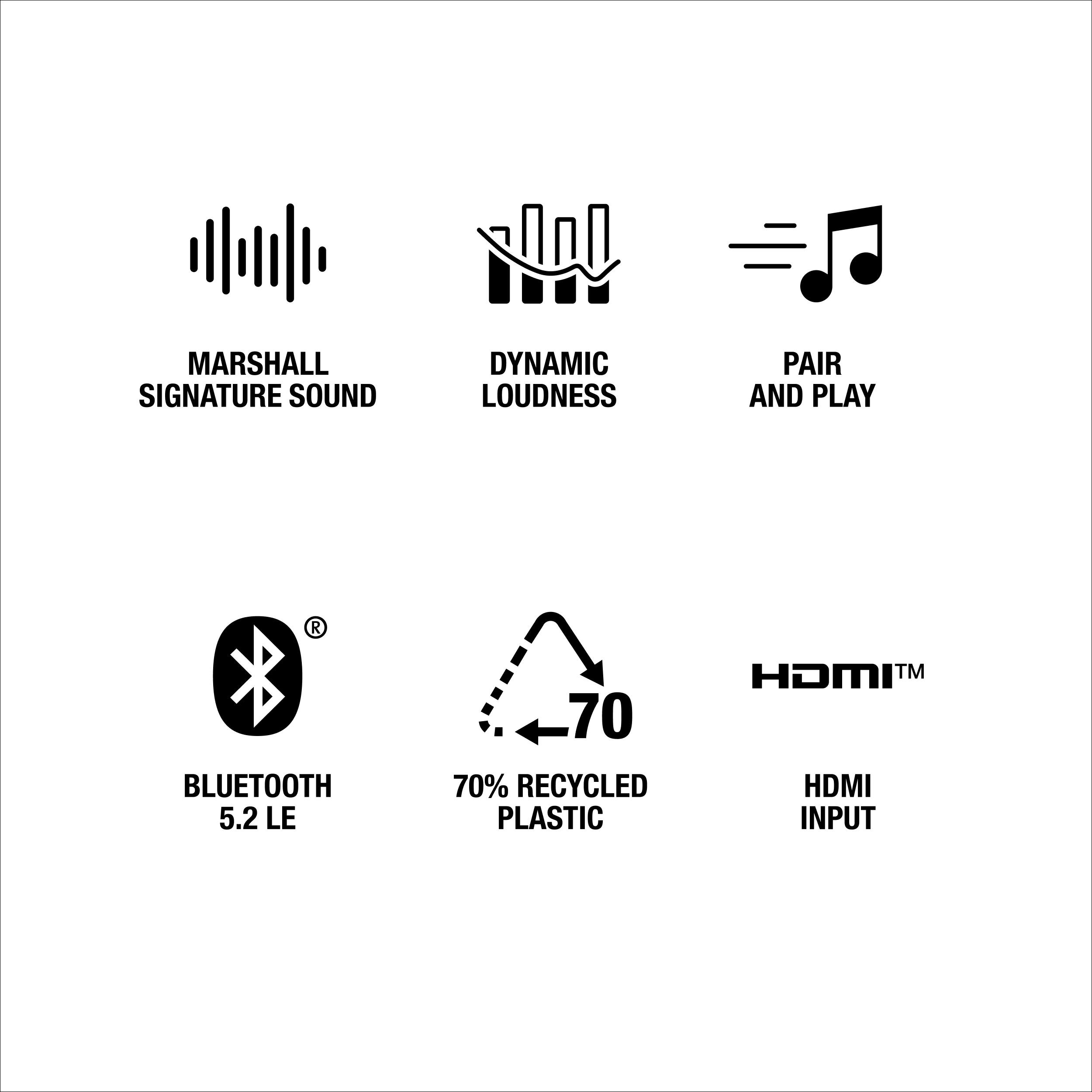 Marshall Signature Sound - Dynamic Loudness - Pair and Play - Bluetooth - 5.2 LE - 70% Recycled Plastic - HDMI - HDMI Input