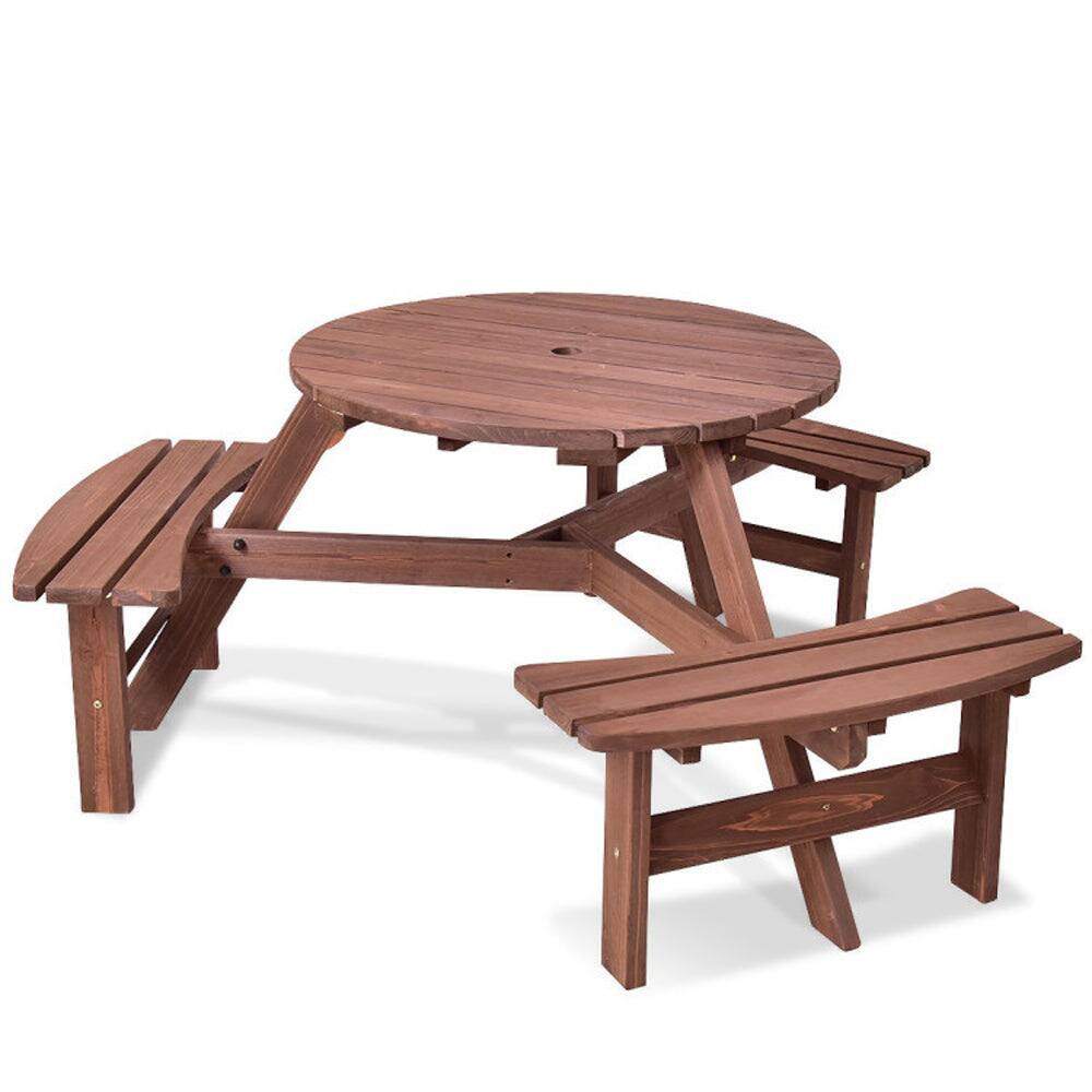 Front. Boyel Living - 6 Person Wooden Picnic Table Set with Bench and Umbrella Hold - Dark brown.