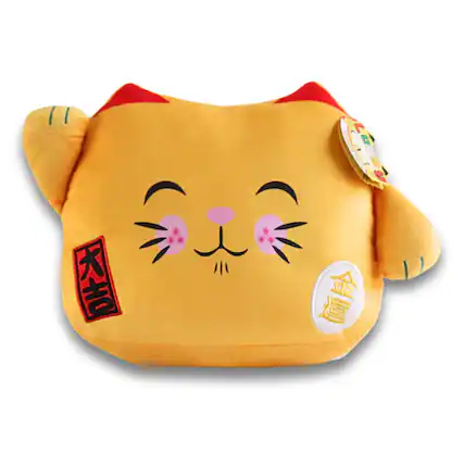 Front. Maneki Neko - Maneki Neko Printed Cushion Soft Velboa 12 inch / 30cm x 31cm Gold Closed Eye.