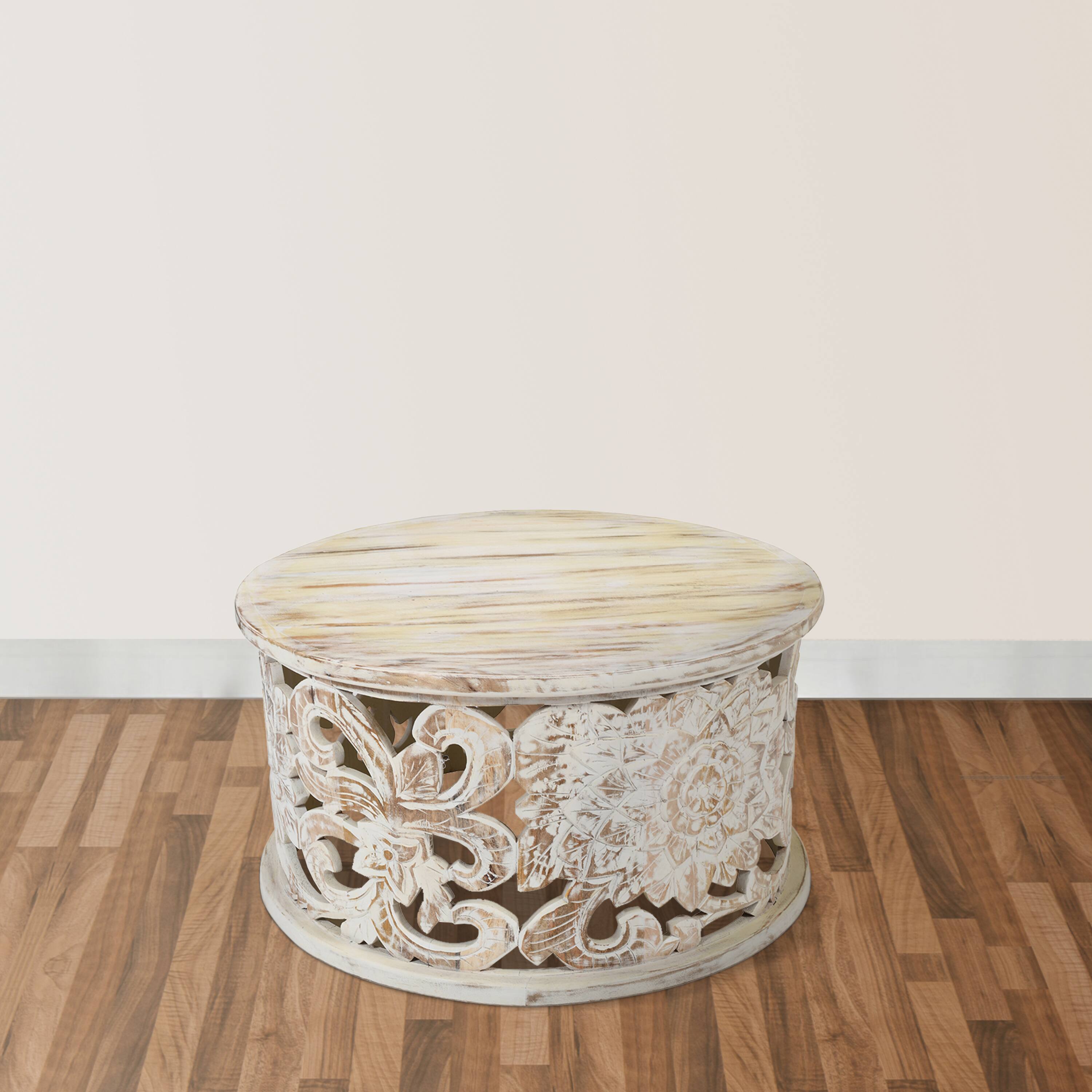 Alt View 5. Manhattan Lane - Alina Coffee Table Handcrafted Mango Wood Floral Carved Cut Out Design Distressed White Finish 33 Inch - White.