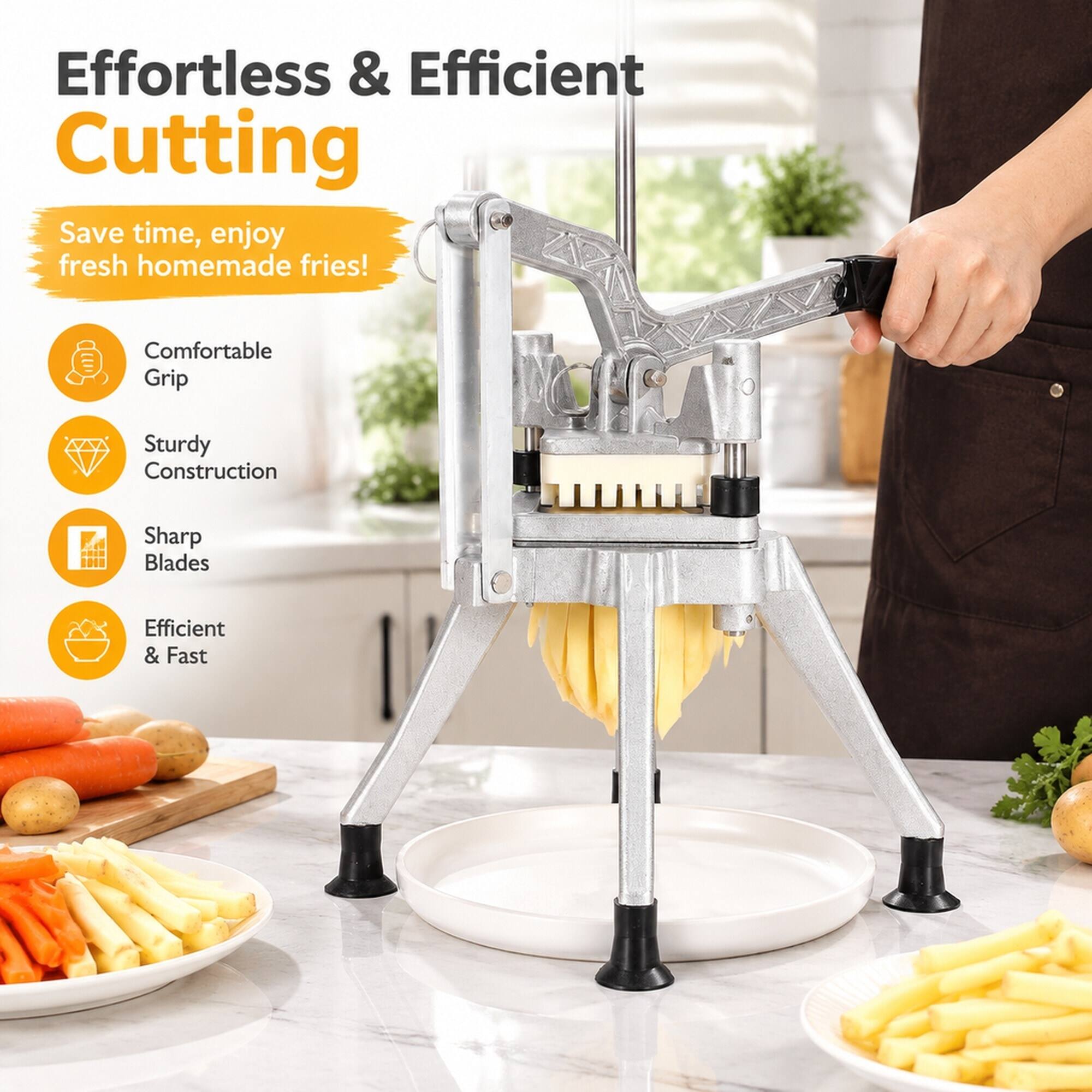 Effortless & Efficient Cutting  
Save time, enjoy fresh homemade fries!  
Comfortable Grip  
Sturdy Construction  
Sharp Blades  
Efficient & Fast