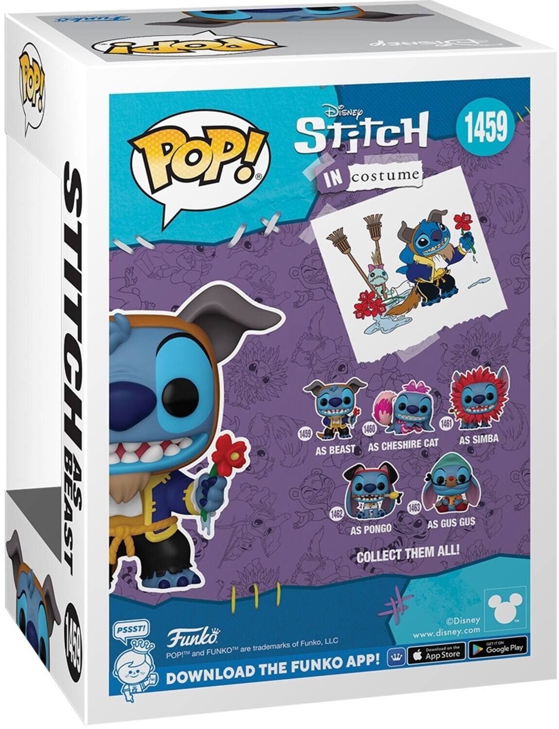Sure, here is the corrected and grouped text from the image:

---

**Front:**
- Disney Stitch
- POP! 1459
- IN costume
- Stitch
- COLLECT THEM ALL!

**Side:**
- Disney
- Stitch
- 1459

**Back:**
- Disney Stitch
- POP! 1459 IN costume
- AS BEAST 1459
- AS CHESHIRE CAT 1460
- AS SIMBA 1461
- AS PONGO 1462
- AS GUS GUS 1463
- COLLECT THEM ALL!
- PSSST! www.disney.com
- Funko trademarks of Funko, LLC
- DOWNLOAD THE FUNKO APP!
- Available on the App Store and Google Play

**Bottom:**
- ©Disney
- Funko trademarks of Funko, LLC

---