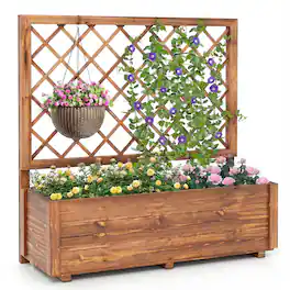 Costway - 1 PCS 40" Tall Wooden Raised Garden Bed with Lattice Trellis for Climbing Vine Flower - Orange