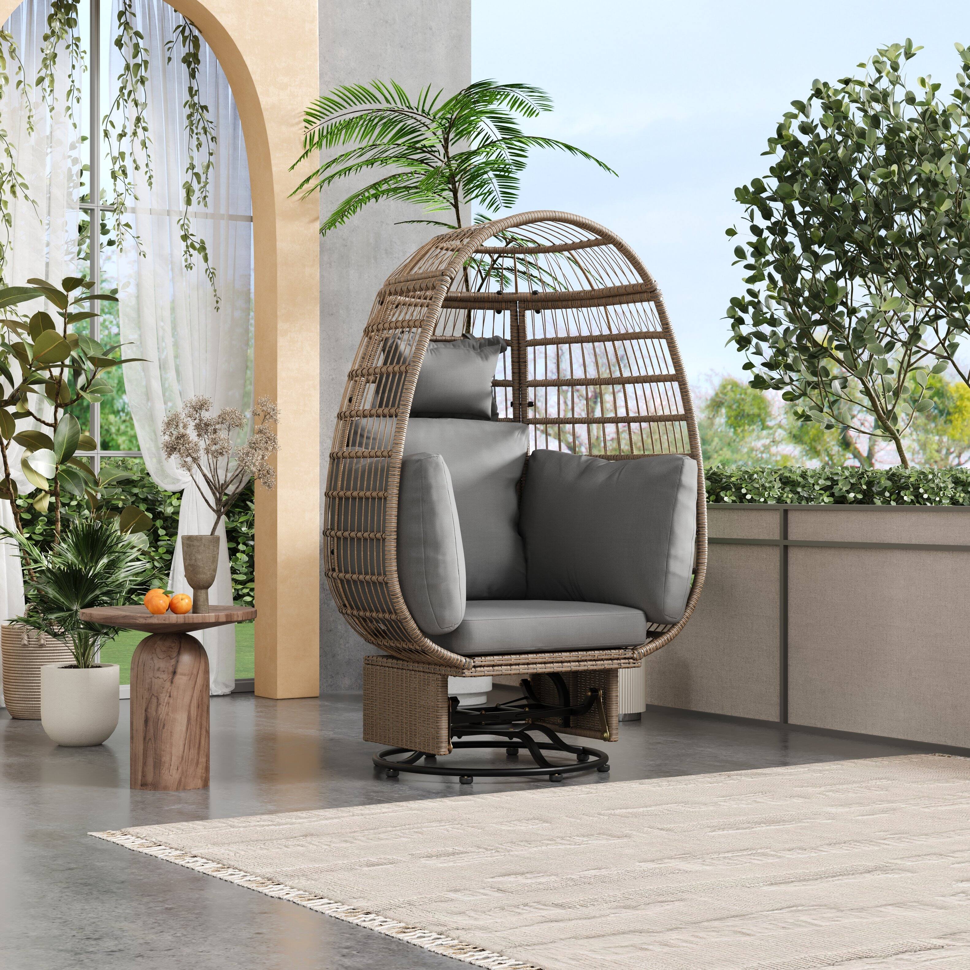 Front. Tiramisubest - Outdoor Swivel Chair with Cushion,Egg Patio Rocking Chair for Balcony,Poolside,Garden (Natural Wicker + Grey Cushion) - Natural+Grey.