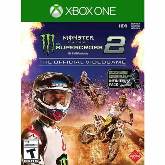 XBOX ONE HDR  
MONSTER ENERGY AMA SUPERCROSS 2  
THE OFFICIAL VIDEOGAME  
DAY ONE EDITION  
EXCLUSIVE CONTENT  
EDICIÓN DEL DÍA UNO  
INFINITY PACK  
TEEN ADOLESCENTES  
T ESRB