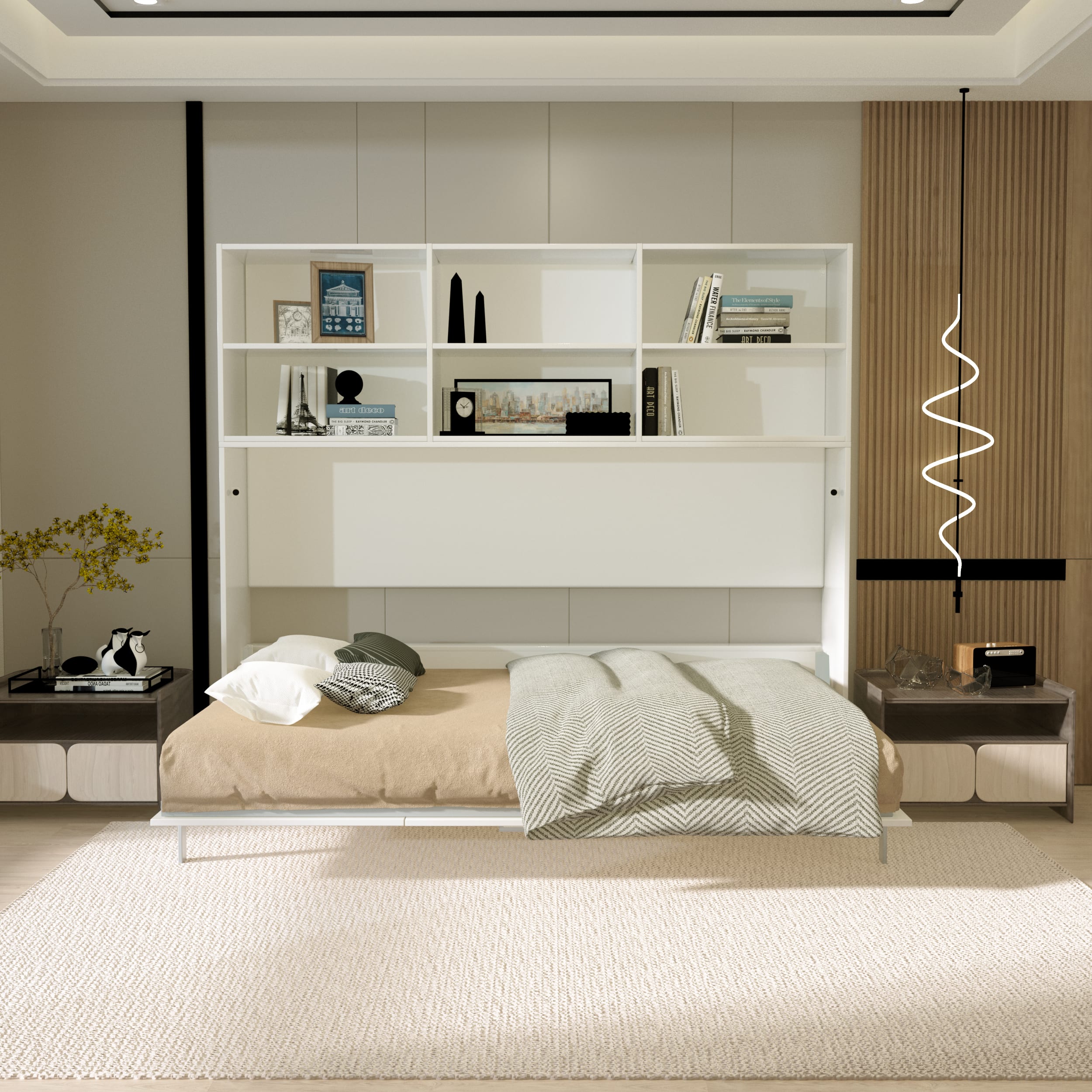 Tiramisubest - Twin Size White Murphy Bed with Shelf Storage, Plywood & Metal, Space-Saving, 1000lbs Capacity - White