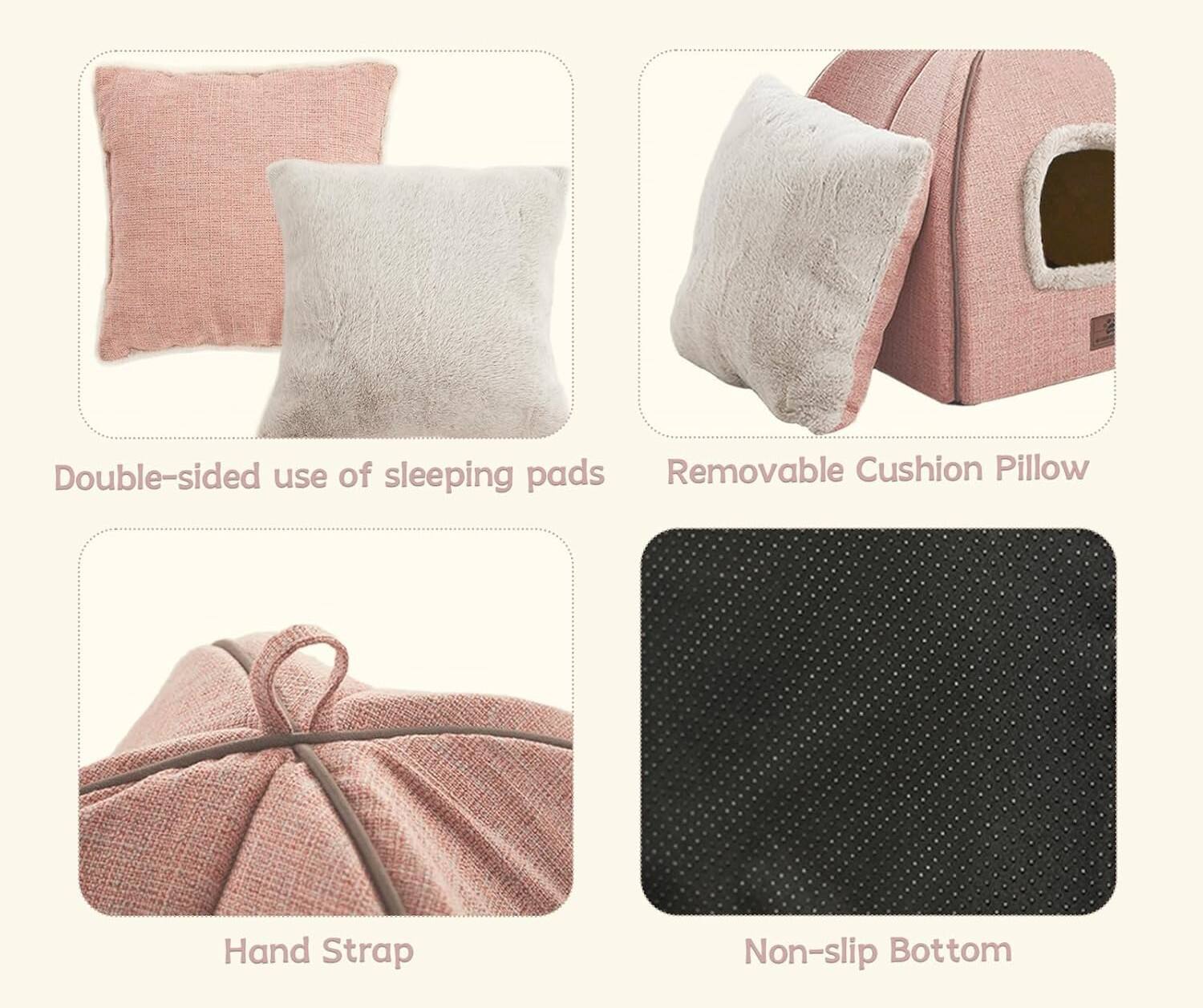 Double-sided use of sleeping pads  
Removable Cushion Pillow  
Hand Strap  
Non-slip Bottom