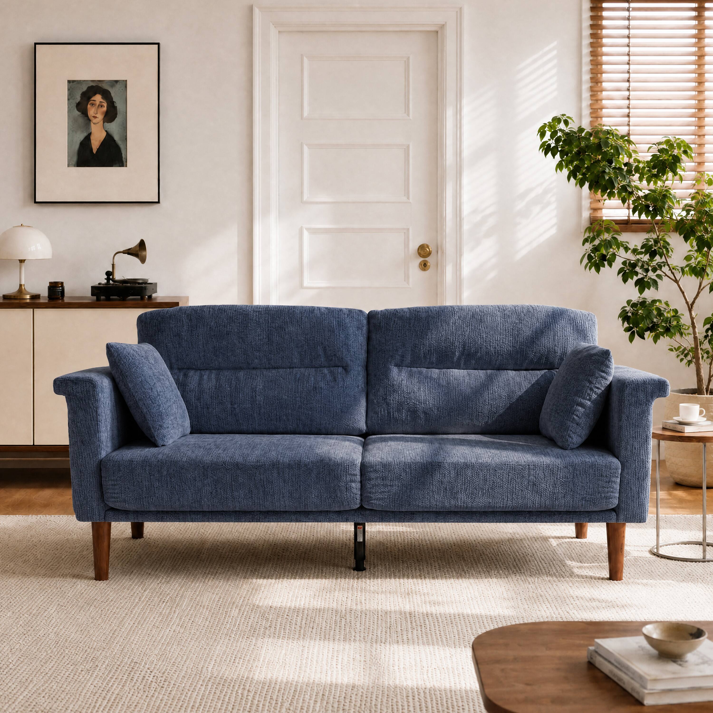 Left. Vipbear - 69" Loveseat Sofa with Foldable Side Table, Modern Small Couches for Bedroom, Small Spaces, Dorms, Office, Apartment - Blue.