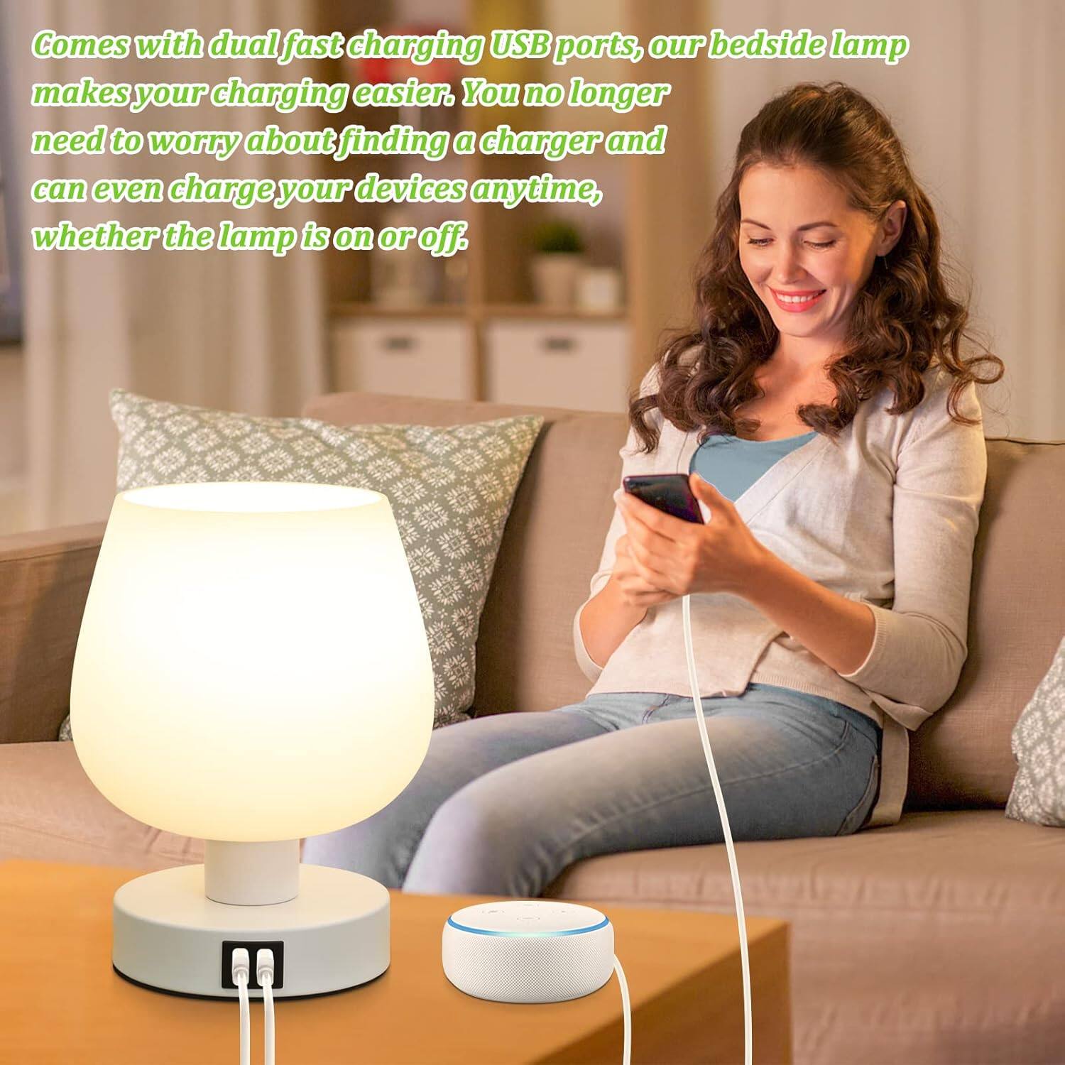 Comes with dual fast charging USB ports, our bedside lamp makes your charging easier. You no longer need to worry about finding a charger and can even charge your devices anytime, whether the lamp is on or off.