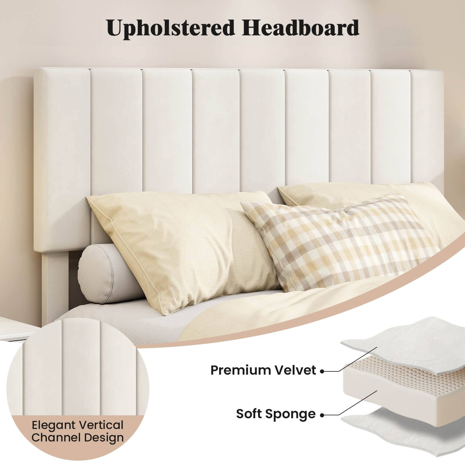 Upholstered Headboard

Premium Velvet

Soft Sponge

Elegant Vertical Channel Design