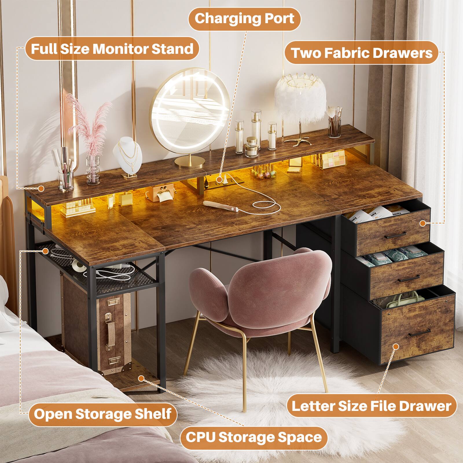 - Charging Port
- Full Size Monitor Stand
- Two Fabric Drawers
- Open Storage Shelf
- Letter Size File Drawer
- CPU Storage Space