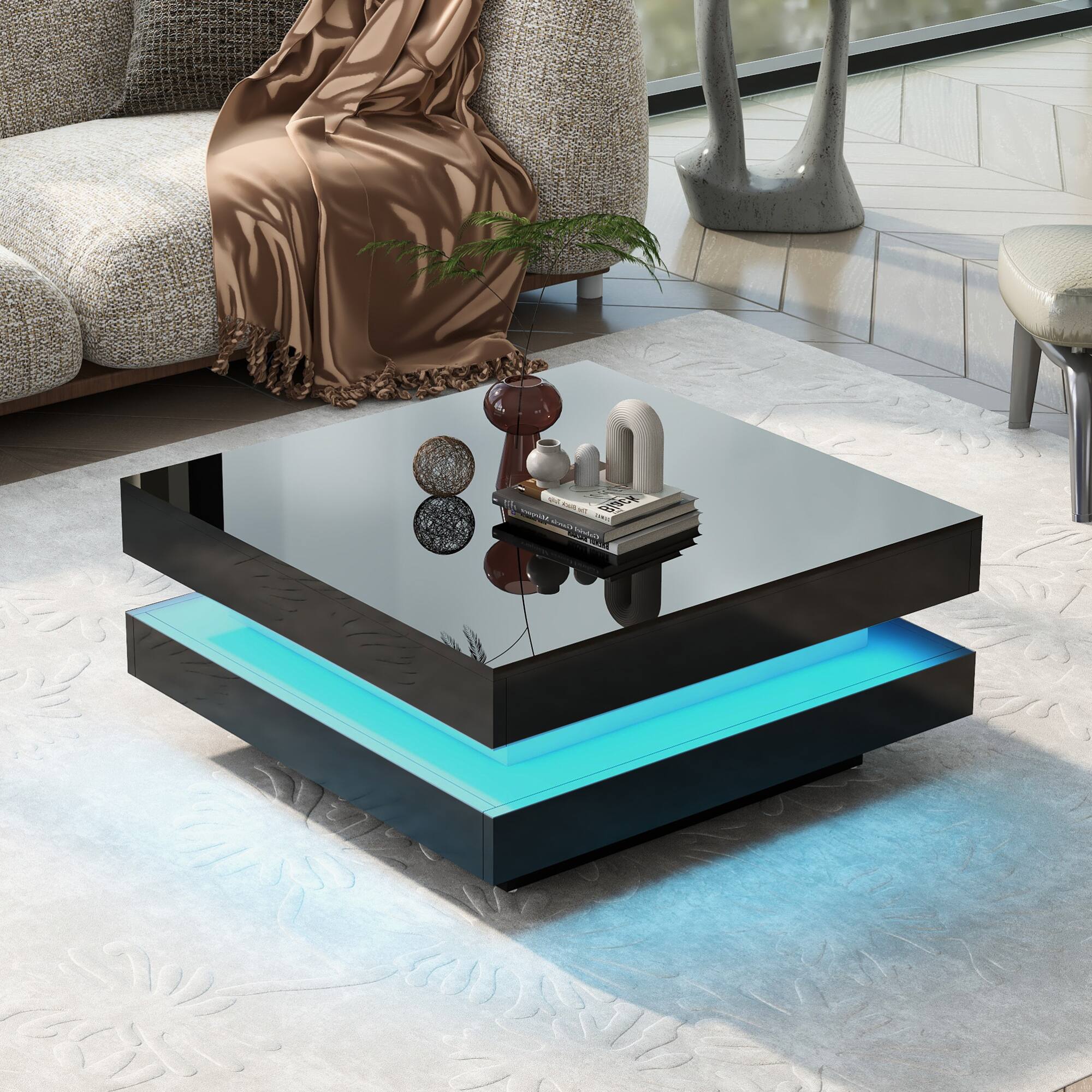 GOODSILO - Modern LED Illuminated Two-Tier Square Coffee Table with High-Gloss Finish for Living Room - Black
