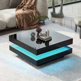 GOODSILO - Modern LED Illuminated Two-Tier Square Coffee Table with High-Gloss Finish for Living Room - Black