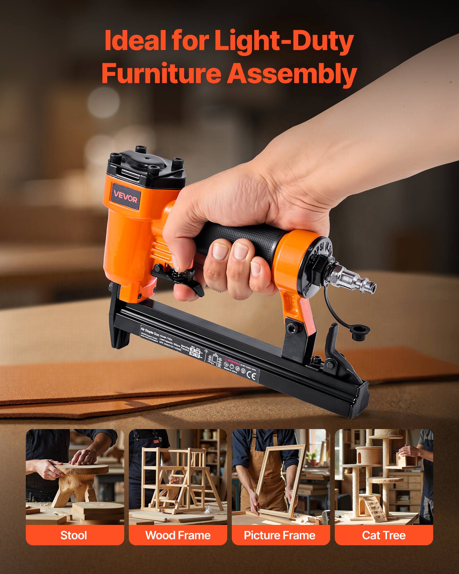 Ideal for Light-Duty Furniture Assembly

VEVOR

- Stool
- Wood Frame
- Picture Frame
- Cat Tree