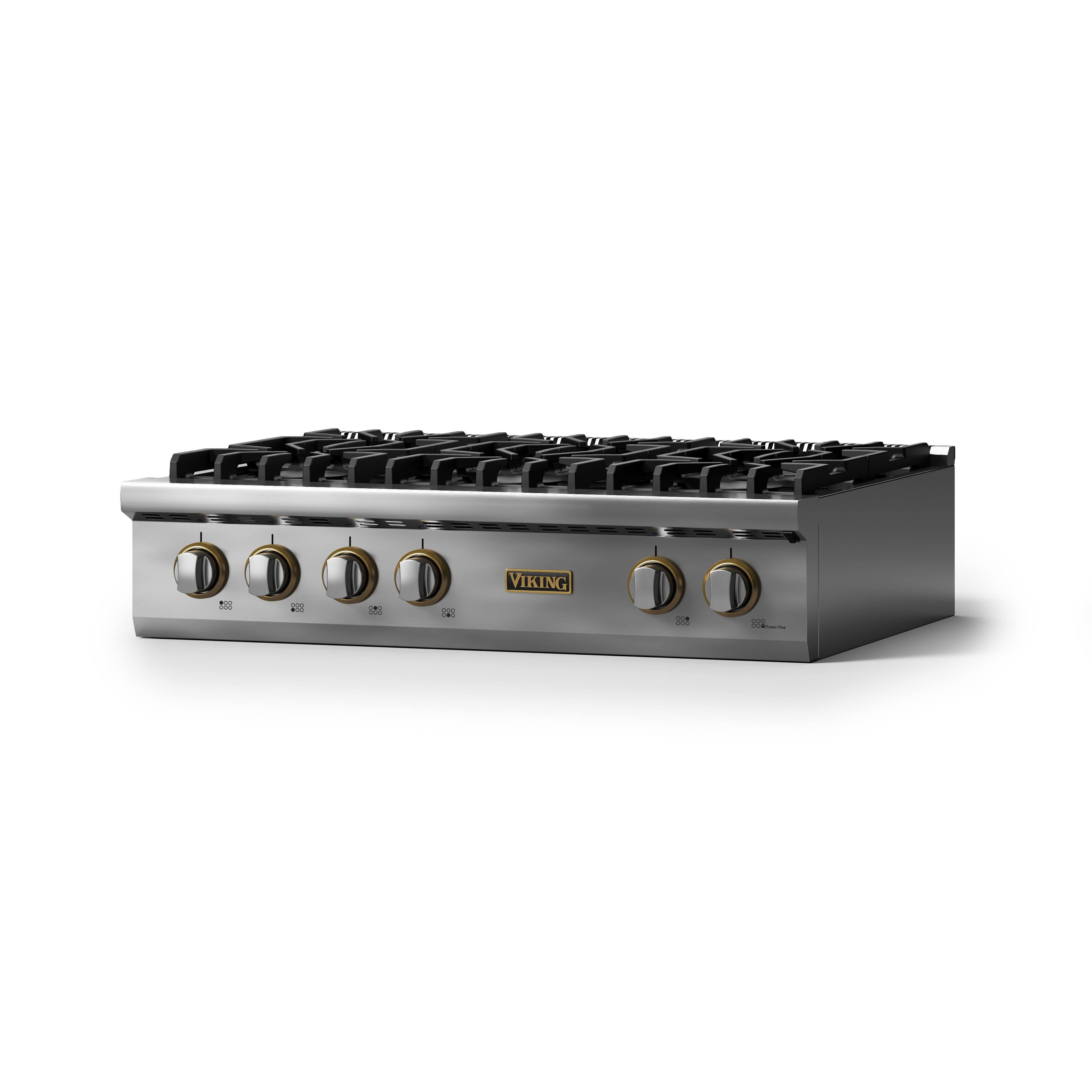 Angle. Viking - 36"W. Pro5S 6 Burner Built-in Gas Sealed Burner Rangetop-LP-Stainless Steel/Brushed Brass - Stainless Steel.