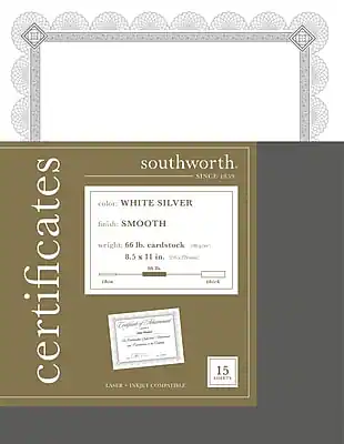 certificates
southworth
SINCE 1839
color: WHITE SILVER
finish: SMOOTH
weight: 66 lb cardstock
8.5 x 11 in.
Laser + Inkjet Compatible
15 SHEETS