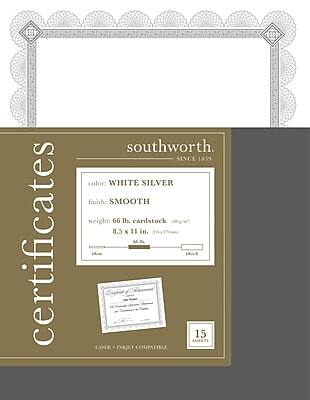 certificates  
southworth  
SINCE 1839  

color: WHITE SILVER  
finish: SMOOTH  
weight: 66 lb cardstock  
8.5 x 11 in.  

Laser + Inkjet Compatible  

15 SHEETS