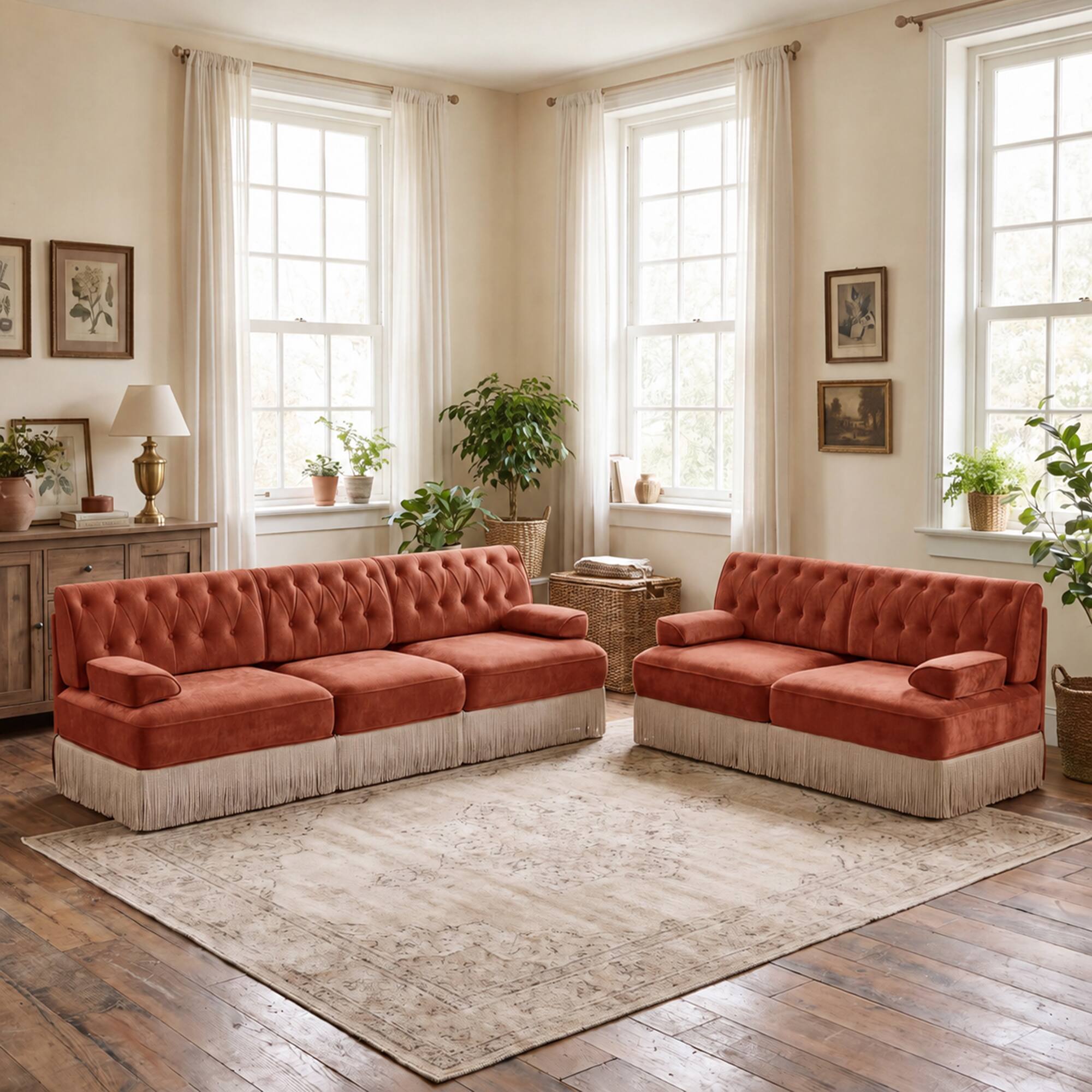 Front. Anysun - Chesterfield Upholstered 2‑Piece Sofa Set, 1Pc 2-Seater & 1Pc 3-Seater Button-Tufted Velvet Couch with Tassel Skirt - Red+Brown.