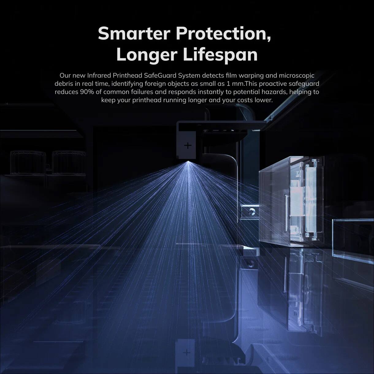 Smarter Protection, Longer Lifespan

Our new Infrared Printhead SafeGuard System detects film warping and microscopic debris in real time, identifying foreign objects as small as 1 mm. This proactive safeguard reduces 90% of common failures and responds instantly to potential hazards, helping to keep your printhead running longer and your costs lower.
