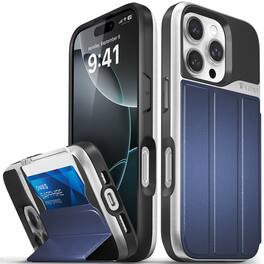 Vena - vCommute for Apple iPhone 16 Pro Case, Wallet Case, Leather Flip Cover with Card Slot and Kickstand - Silver - Blue