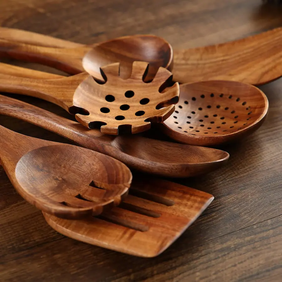 Utelsels Dazzed Corner 7 Pcs Wooden Kitchen Cooking Utensils with Hanging Hooks ...
