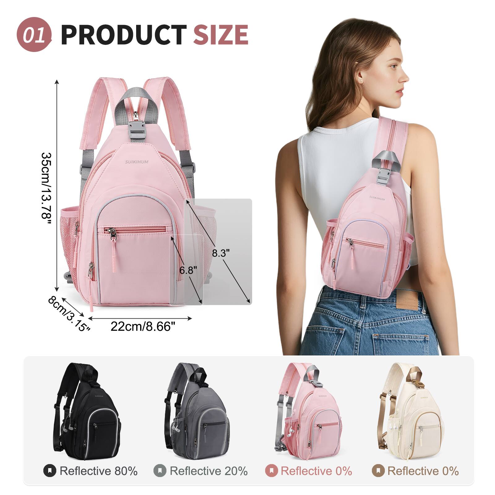 01 PRODUCT SIZE  
35cm/13.78"  
8.3" / 6.8"  
8cm/3.15"  
22cm/8.66"  

Reflective 80%  
Reflective 20%  
Reflective 0%  
Reflective 0%