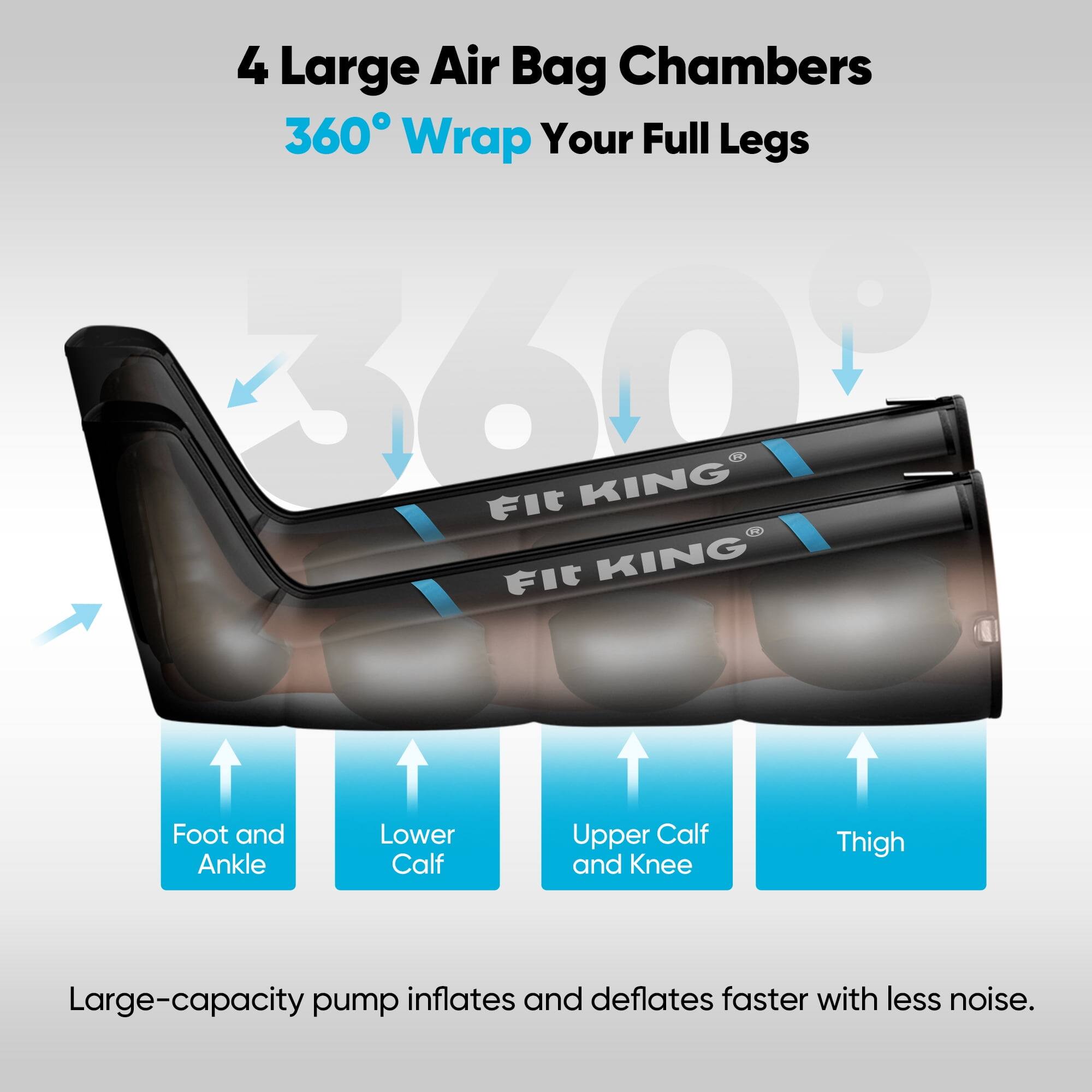 4 Large Air Bag Chambers  
360° Wrap Your Full Legs  

Foot and Ankle  
Lower Calf  
Upper Calf and Knee  
Thigh  

Large-capacity pump inflates and deflates faster with less noise.