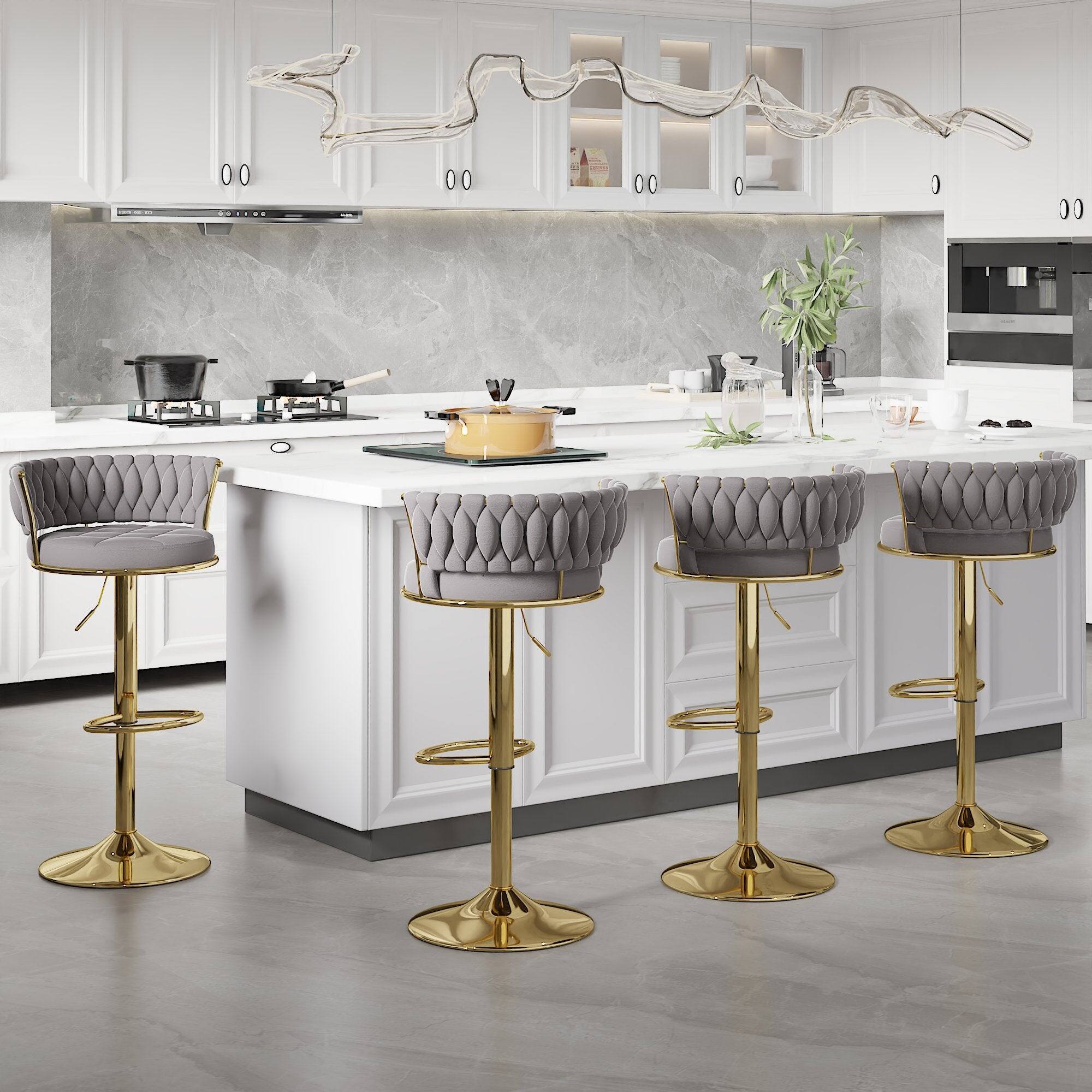Left. Vecelo - Set of 4 Velvet Adjustable Bar Stools, 360 Swivel Bar Chairs with Back, Modern Counter Height Stools with Gold Base - Light Grey.