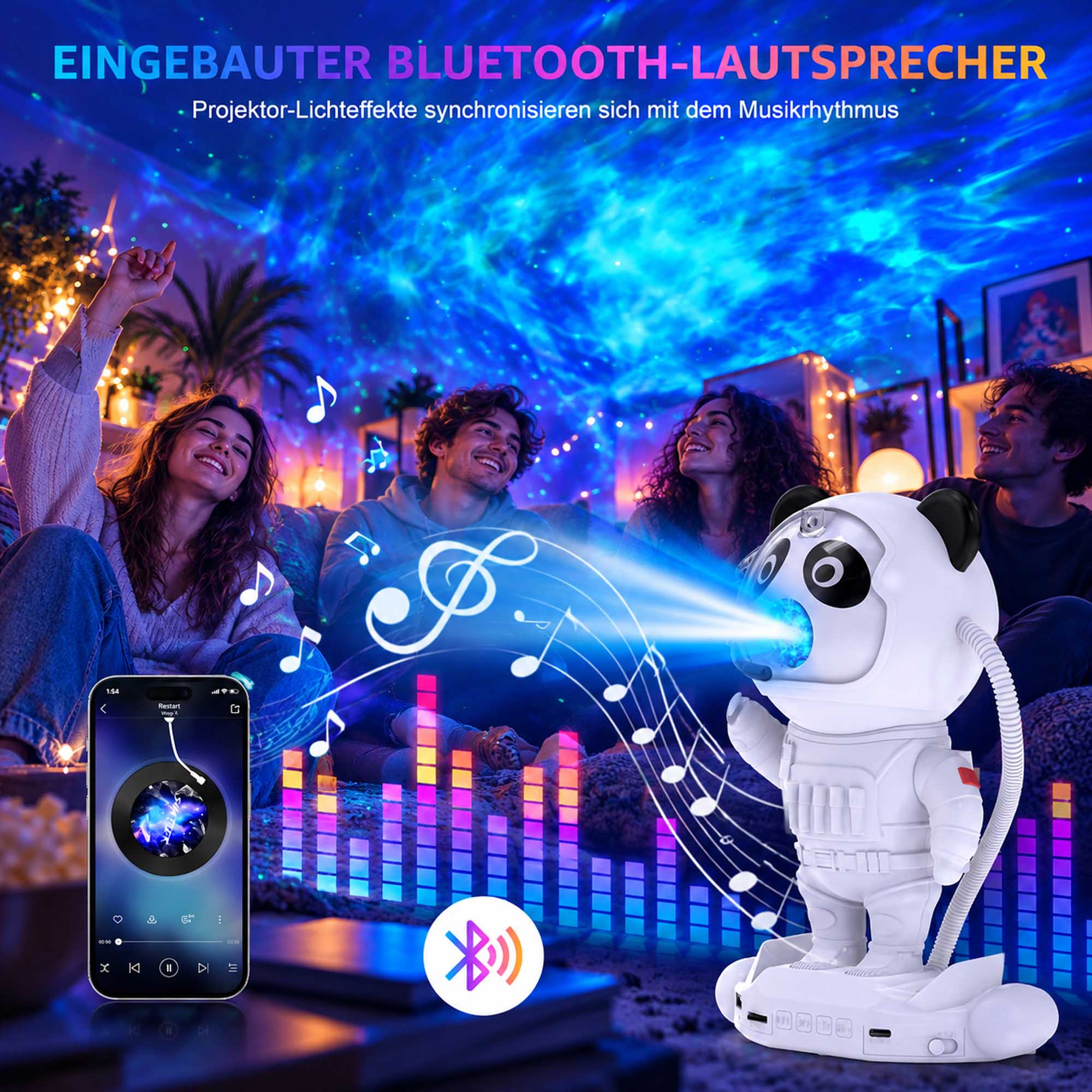 EINGEBAUTER BLUETOOTH-LAUTSPRECHER  
Projektor-Lichteffekte synchronisieren sich mit dem Musikrhythmus
