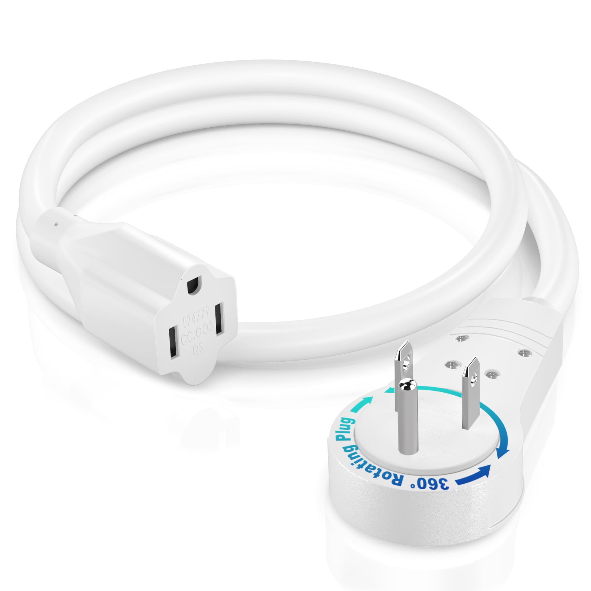 Maximm - 1 Feet 14Awg 360° Rotating Flat Plug Extension Cord / Wire, 3 Prong Grounded Wire, Heavy Duty - UL Certified - White