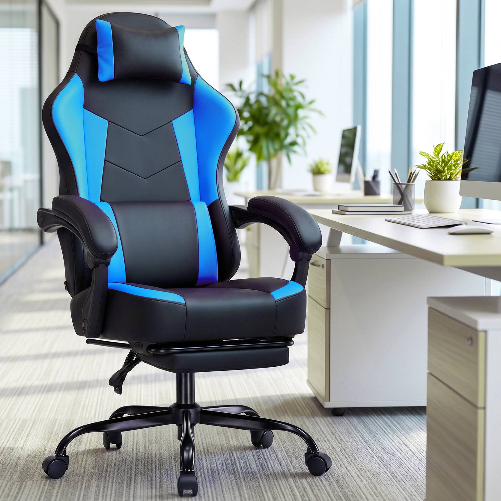 Alt View 4. GTPlayer - Racing Style Gaming Chair with Footrest High Back Ergonomic Computer Chair with Linkage Armrests - Blue.
