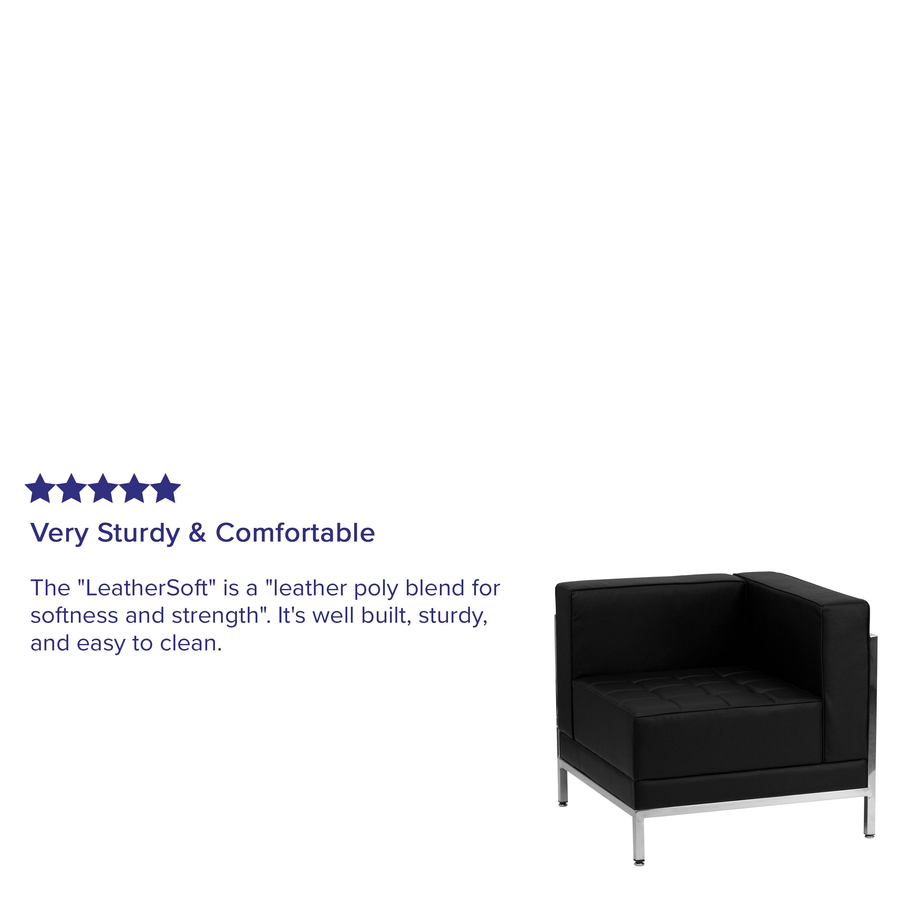 Very Sturdy & Comfortable

The "LeatherSoft" is a "leather poly blend for softness and strength". It's well built, sturdy, and easy to clean.