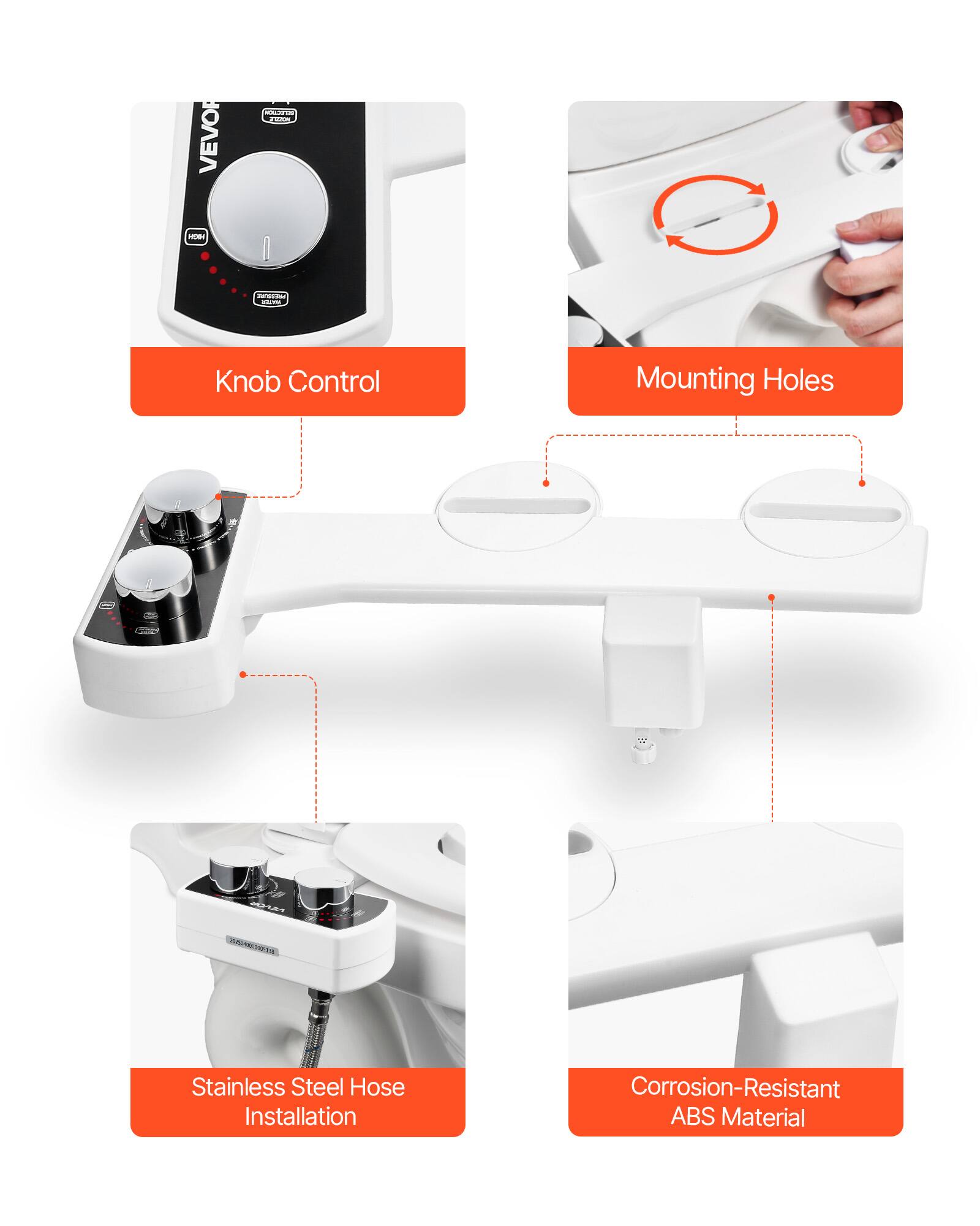 Knob Control, Mounting Holes, Stainless Steel Hose Installation, Corrosion-Resistant ABS Material