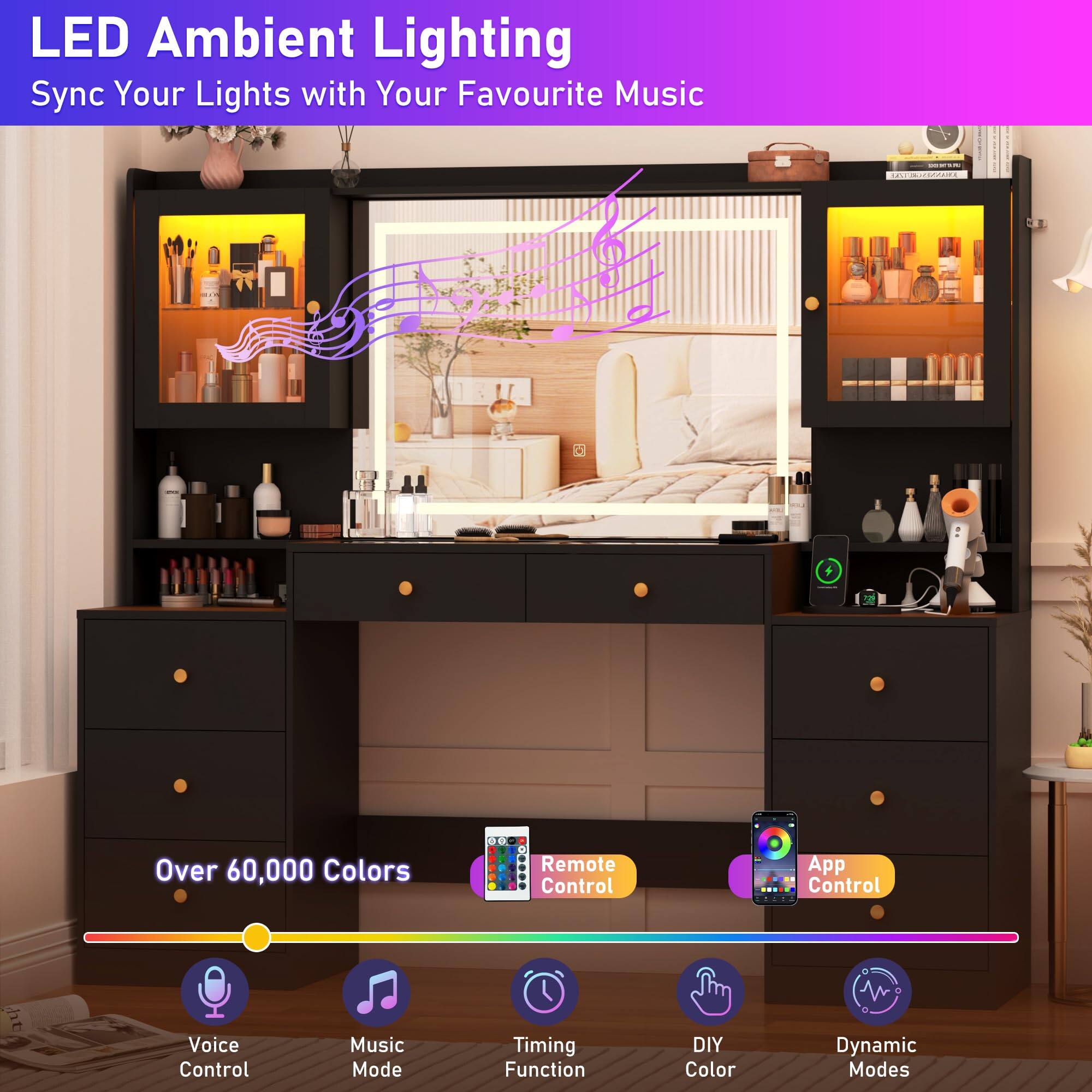 LED Ambient Lighting  
Sync Your Lights with Your Favourite Music

- Over 60,000 Colors
- Remote Control
- App Control
- Voice Control
- Music Mode
- Timing Function
- DIY Color
- Dynamic Modes