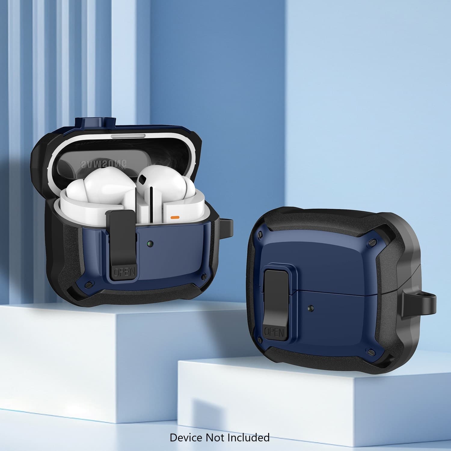 The image shows a blue case with a compartment for two earbuds. The case is open, revealing the earbuds inside. The text on the image reads "Device Not Included." This suggests that the case is designed to hold and protect the earbuds, but the actual earbuds are not included in the package.