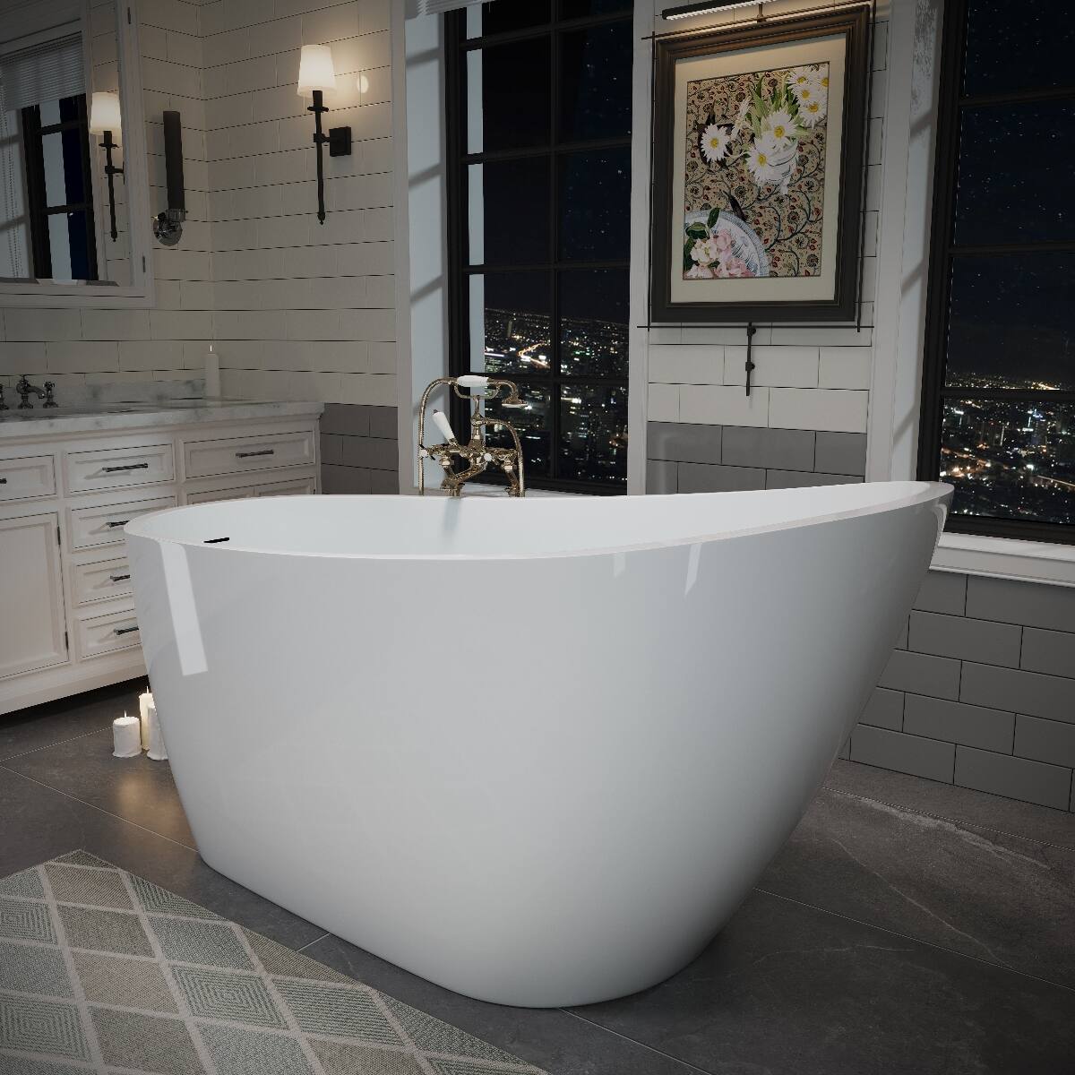 Alt View 7. Loheer - Loheer 55 Inch Acrylic Freestanding Bathtub Deep Soaking Glossy White Stand Alone Tub with Pop Up Drain - Glossy White.