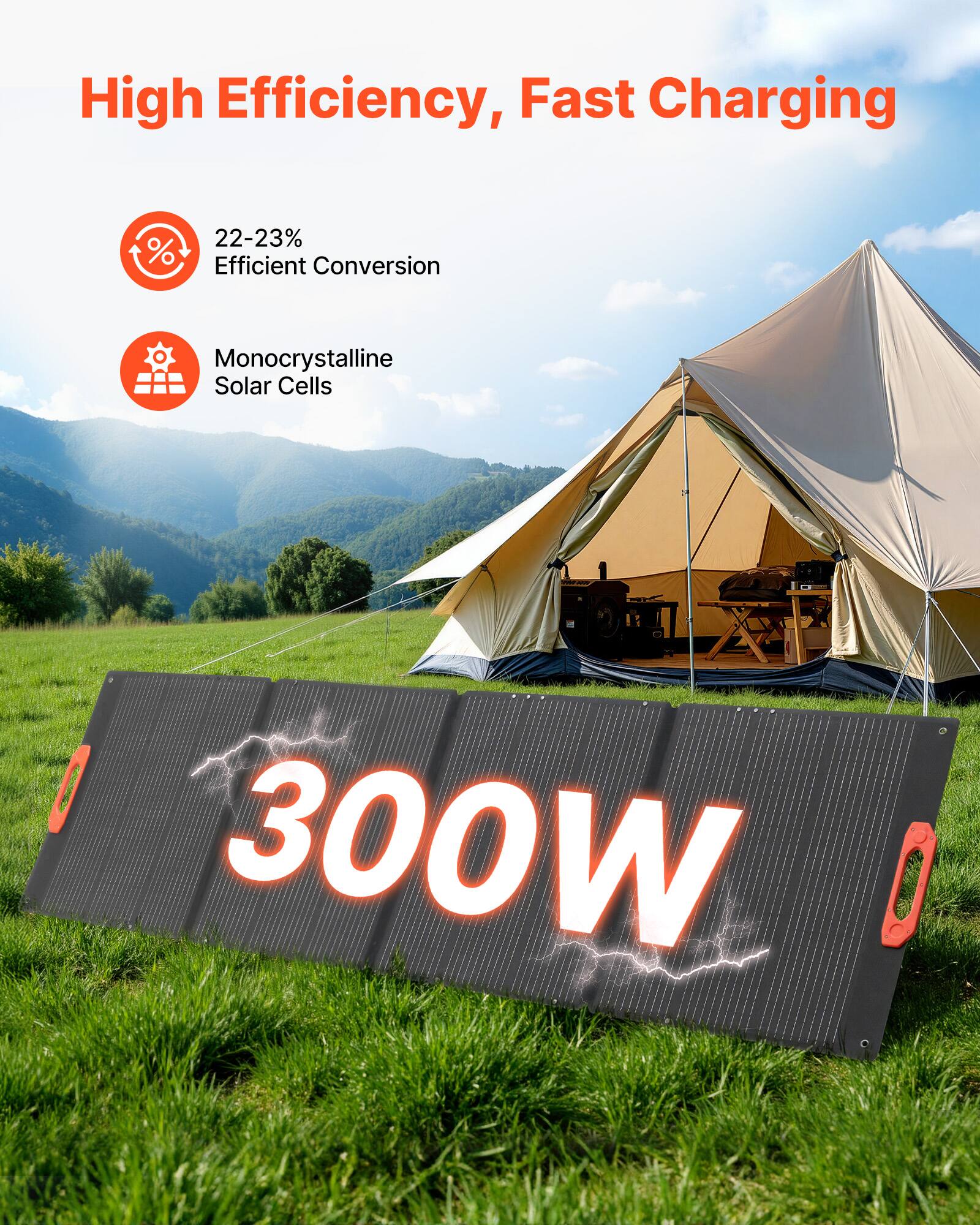 High Efficiency, Fast Charging  
22-23% Efficient Conversion  
Monocrystalline Solar Cells  
300W