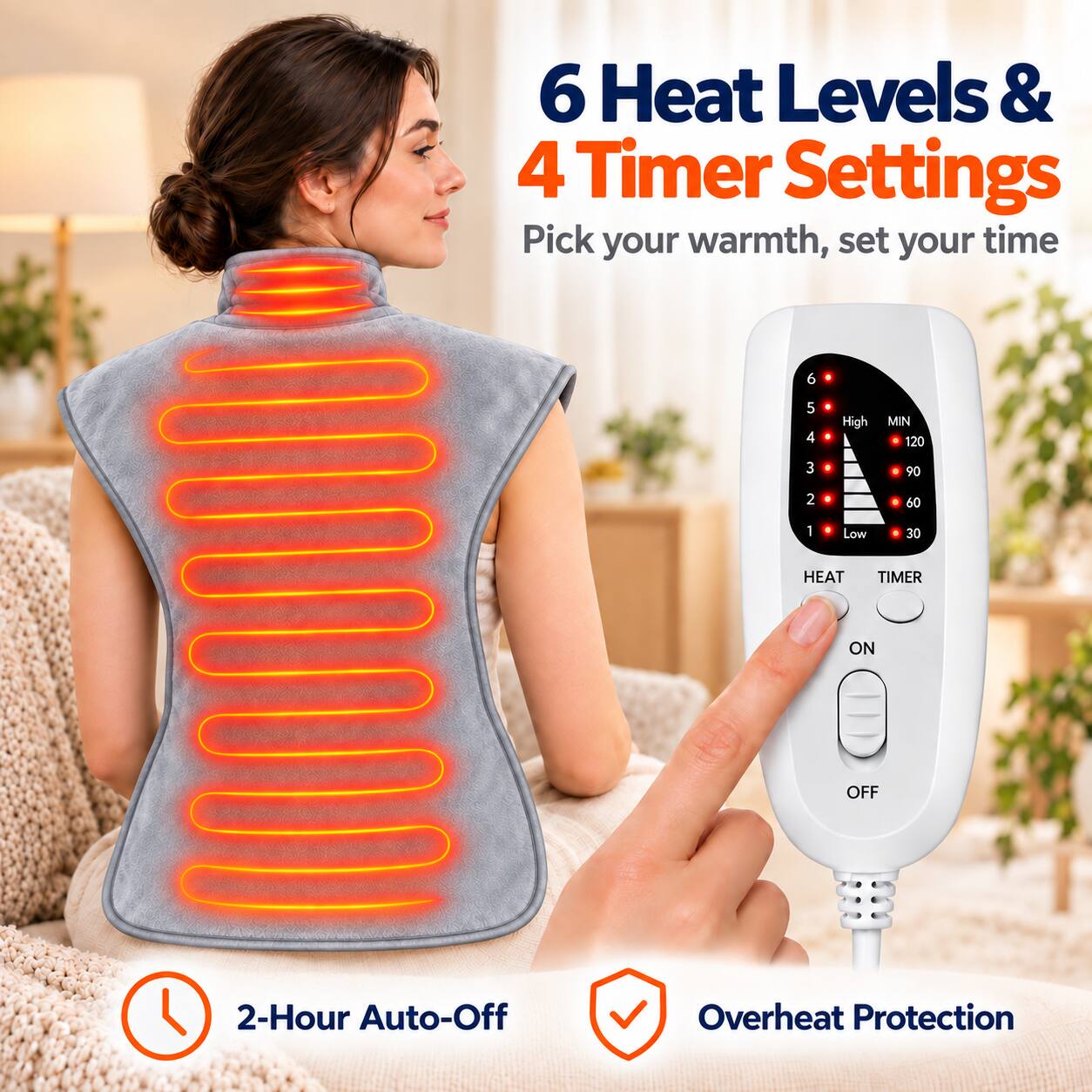 6 Heat Levels & 4 Timer Settings  
Pick your warmth, set your time  

6  
5 High  
4 120  
3 90  
2 60  
1 Low 30  

HEAT TIMER  
CHICK OFF ON  

2-Hour Auto-Off  
Overheat Protection