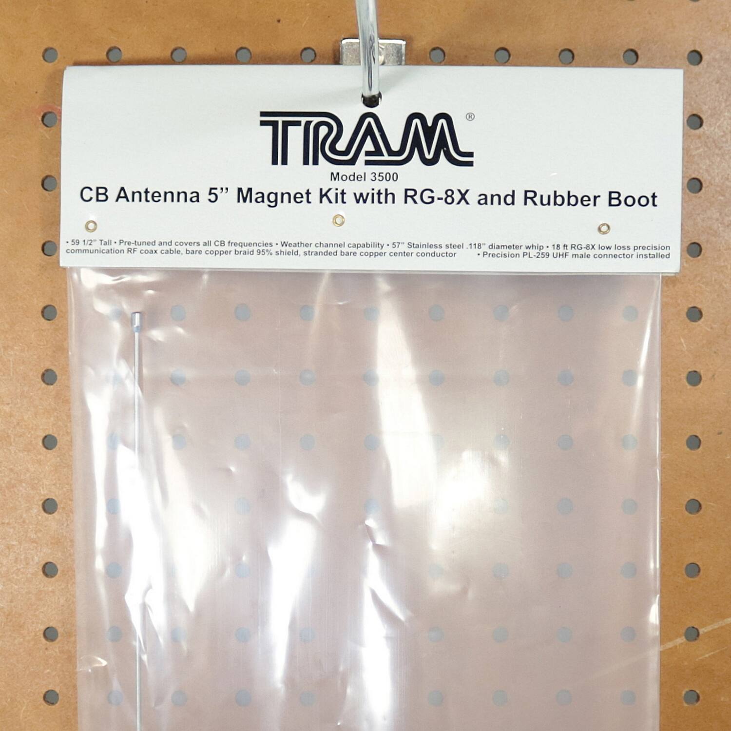 TRAM  
Model 3500  

CB Antenna 5" Magnet Kit with RG-8X and Rubber Boot  

- 59 1/2" Tall - Pre-tuned and covers all CB frequencies  
- Weather channel capability  
- 57" Stainless steel - 118" diameter whip - 18 ft RG-8X low loss precision communication RF coax cable, bare copper braid 95% shield, stranded bare copper center conductor  
- Precision PL-259 UHF male connector installed  

- 59 1/2" Tall - Pre-tuned and covers all CB frequencies  
- Weather channel capability  
- 57" Stainless steel - 118" diameter whip - 18 ft RG-8X low loss precision communication RF coax cable, bare copper braid 95% shield, stranded bare copper center conductor  
- Precision PL-259 UHF male connector installed