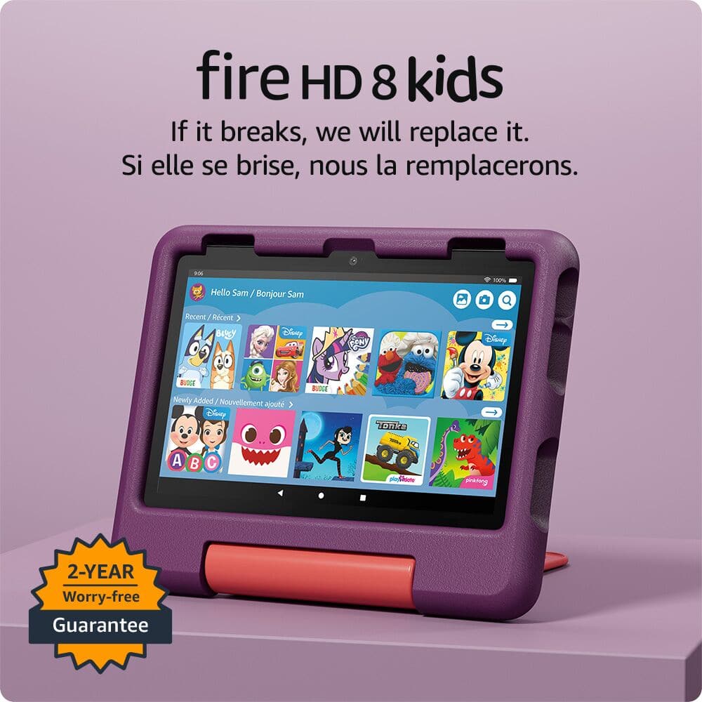 Fire HD 8 Kids: If it breaks, we will replace it. Si elle se brise, nous la remplacerons.
Features:
* Hello Sam / Bonjour Sam
* 100% Recent / Rcent
* 3 Buy Disney 1 Disney Bundle
* Newly Added / Nouvellement ajouté
* Disney A B C Buddies
* Shiote Puzzle
* 2-Year Worry-free Guarantee