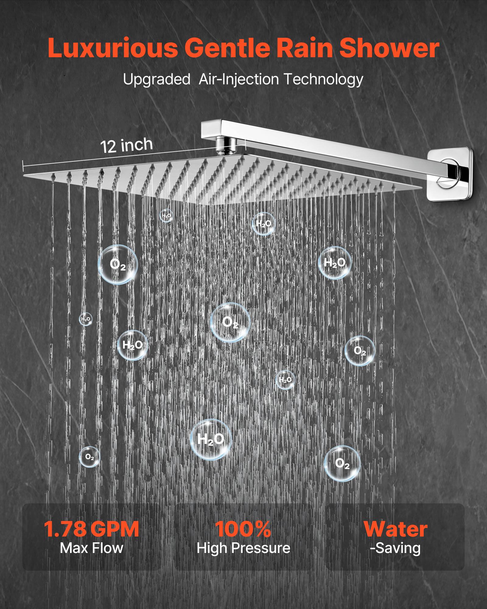 Luxurious Gentle Rain Shower, Upgraded Air-Injection Technology, 12 inch, 1.78 GPM Max Flow, 100% High Pressure, Water -Saving