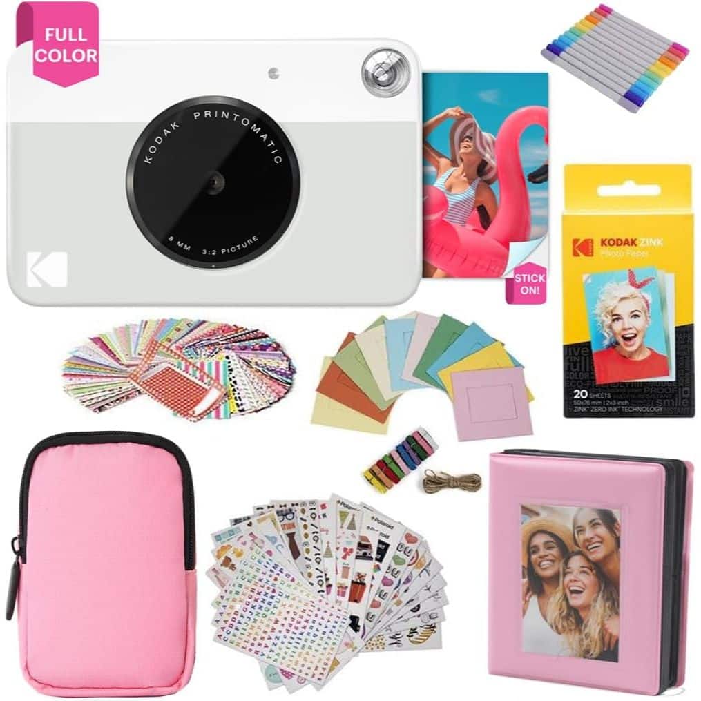 Kodak - Printomatic Instant Print Camera Gift Bundle w/Pink Soft Case, 20-Pack Zink Photo Paper & More - Gray